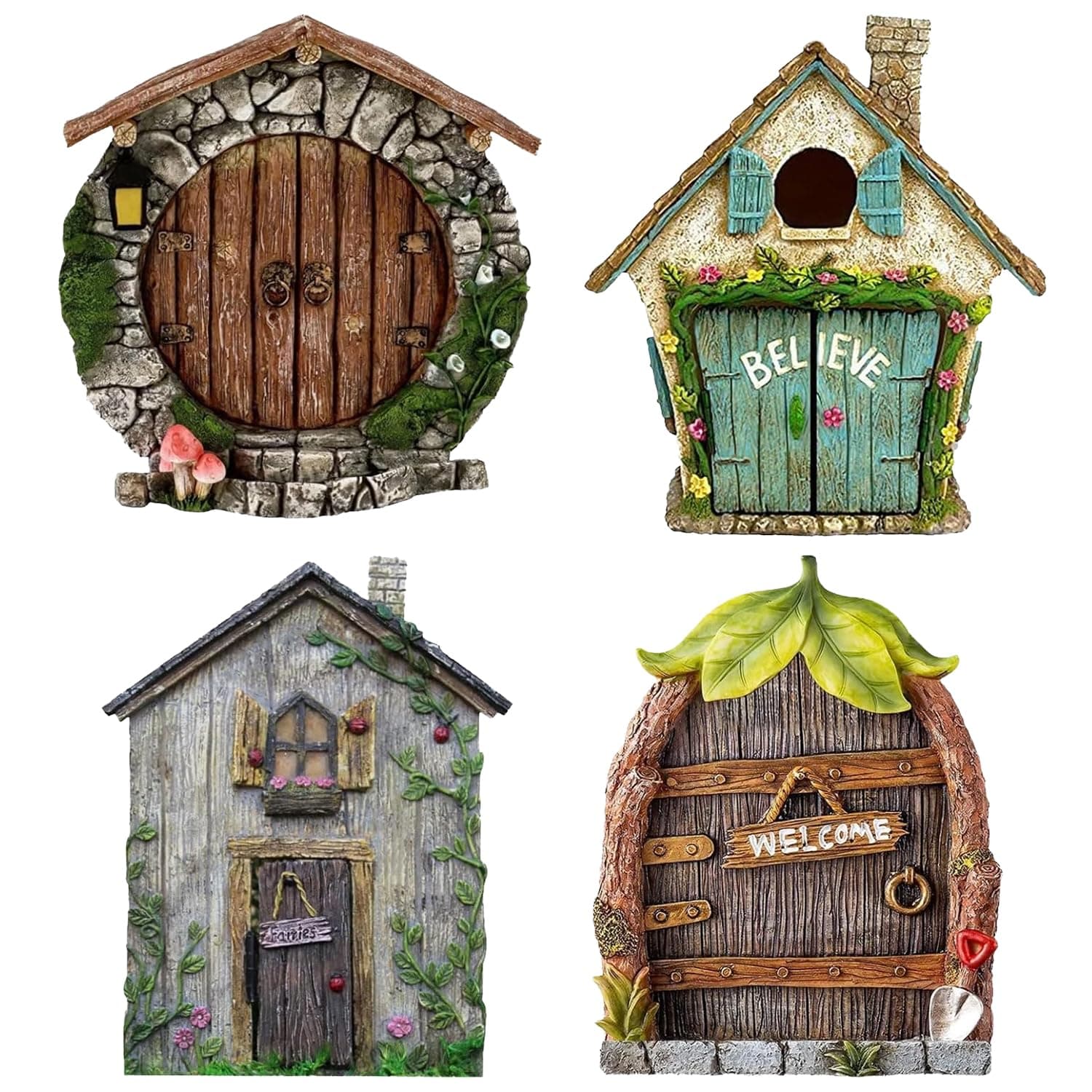 Cumnvulnt 4 Pcs Fairy Door, Miniature Fairy Doors for Garden Trees, Wooden Fairy Doors for Garden Yard Home Office Potted Decoration