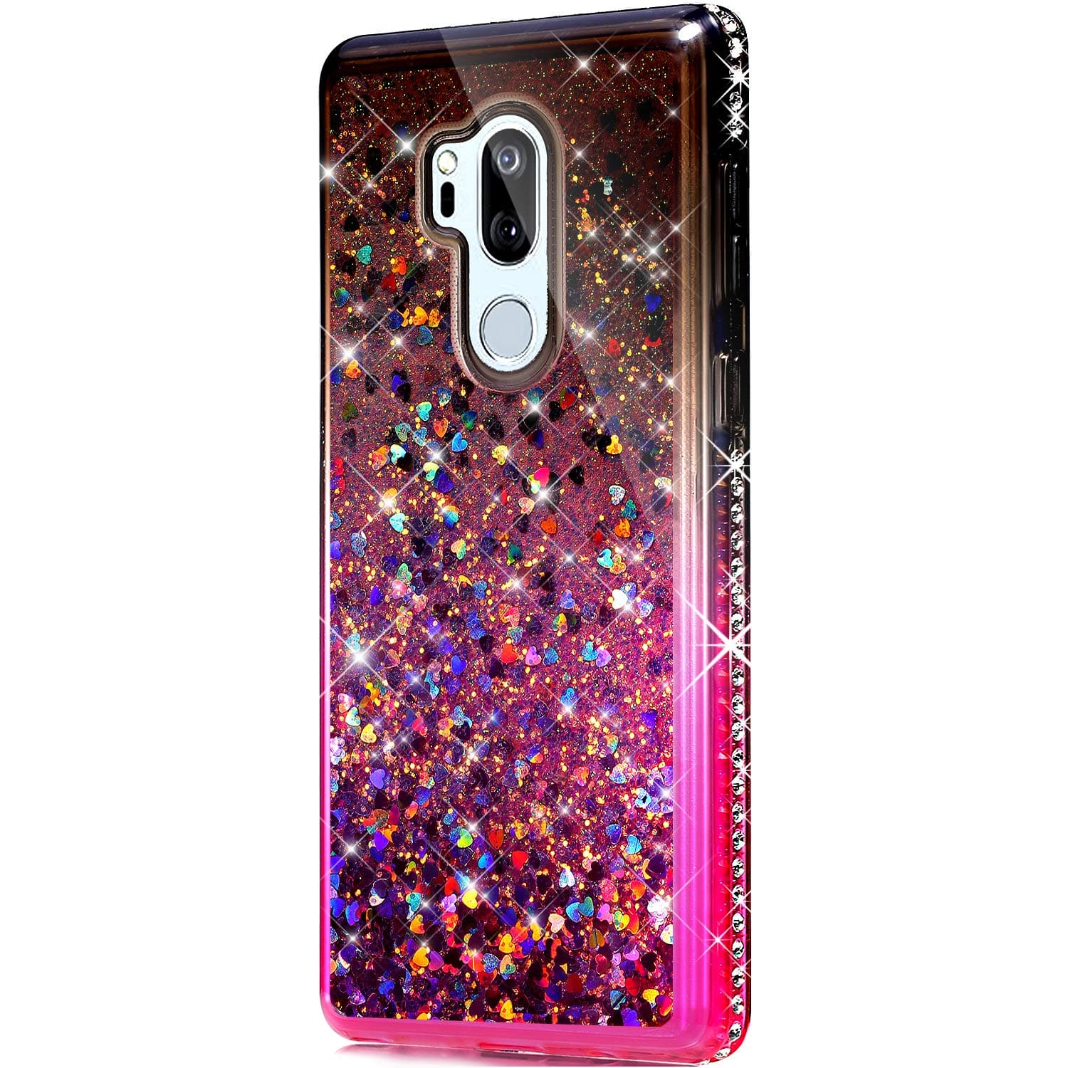 Case for LG G7 ThinQ,Girls Women Flowing Floating Liquid Quicksand Bling Glitter Sparkle Rhinestone Diamond Bumper Soft Flexible Gradient Color TPU Case Cover for LG G7 ThinQ Bling Case,Black Pink