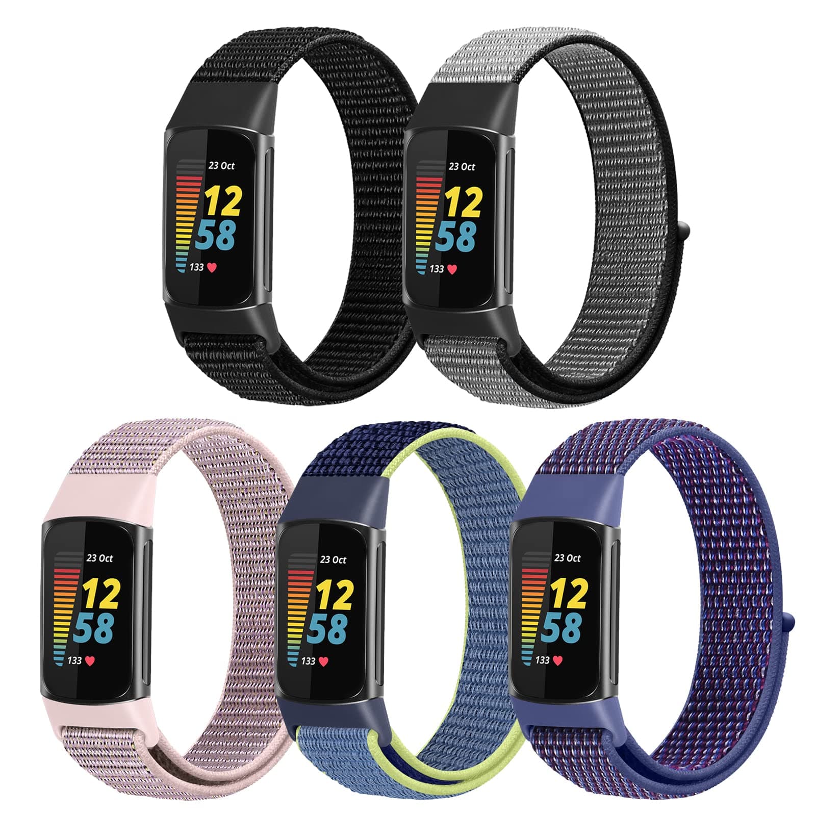 Nylon Loop Watch Bands Compatible with Fitbit Charge 6/Charge 5 Bands, 5 Pack Adjustable Soft Breathable Sport Loop Wristband Replacement Straps for Charge 5/Charge 6 Women Men