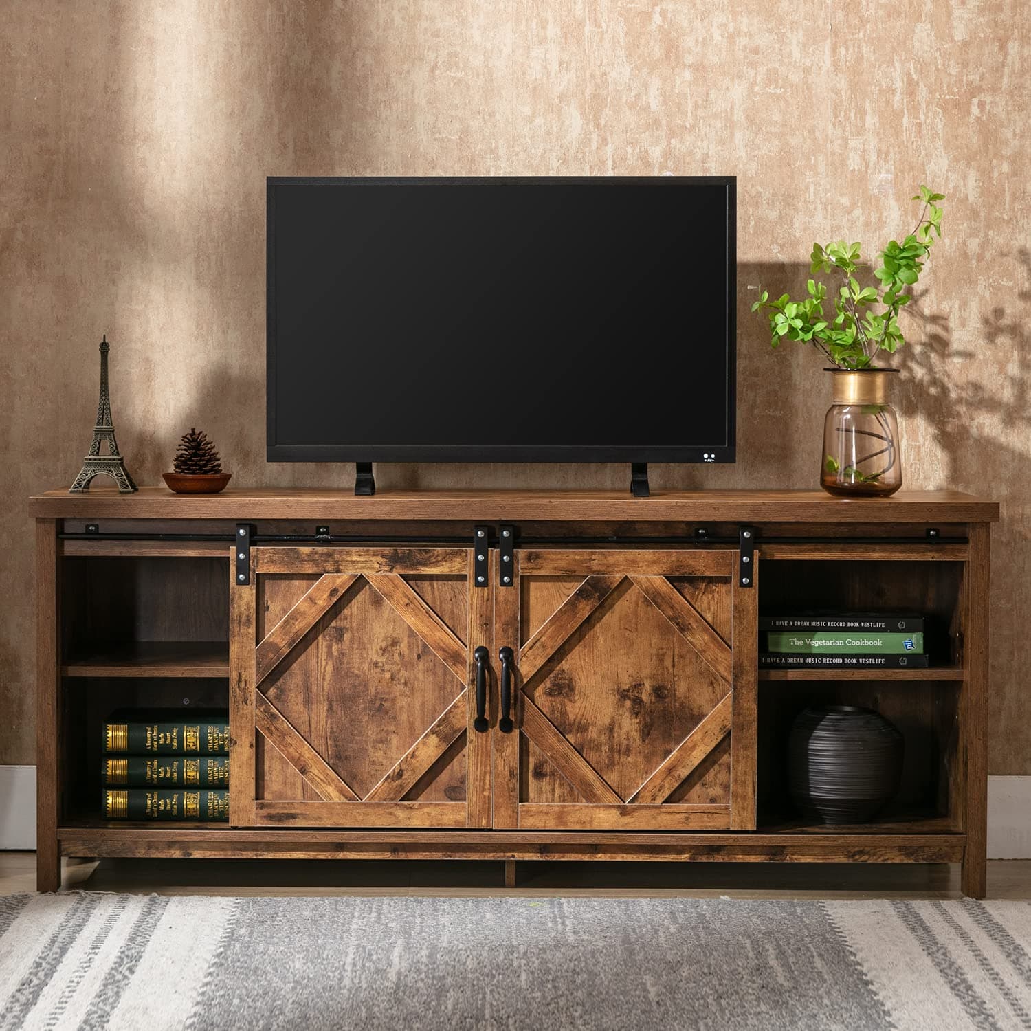 walsport 58’’ tv Console Wood TV Cabinet for TVs Up to 65 Inch Entertainment Stand with 2 Open Shelves & 2 Cabinets TV Ark with Adjustable Shelves Living Room TV Stand Brown