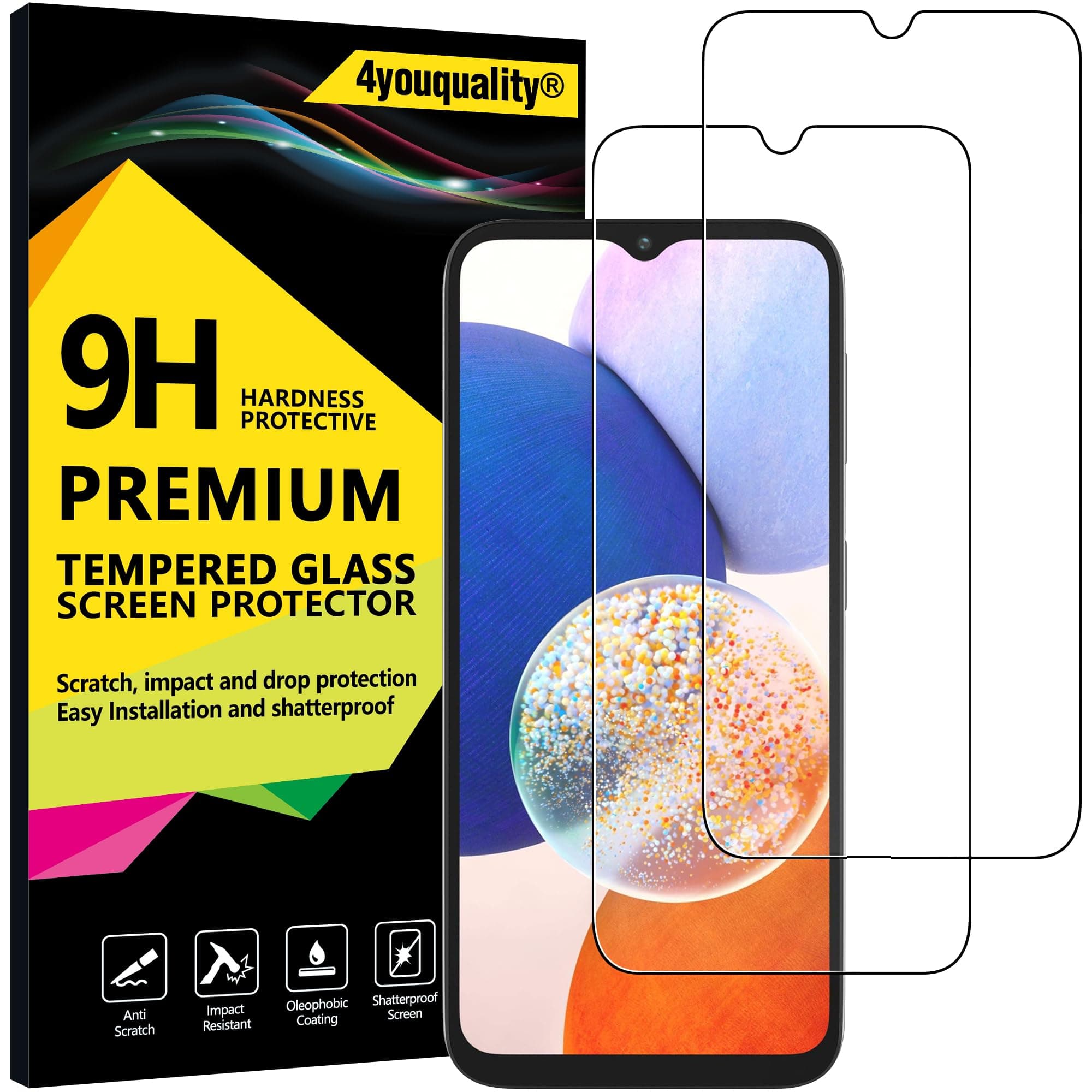 4youquality Screen Protector for Samsung Galaxy A14 5G / 4G, Tempered Glass Film, 2-Pack, [LifetimeSupport][Impact-Resistant][Anti-Scratch]