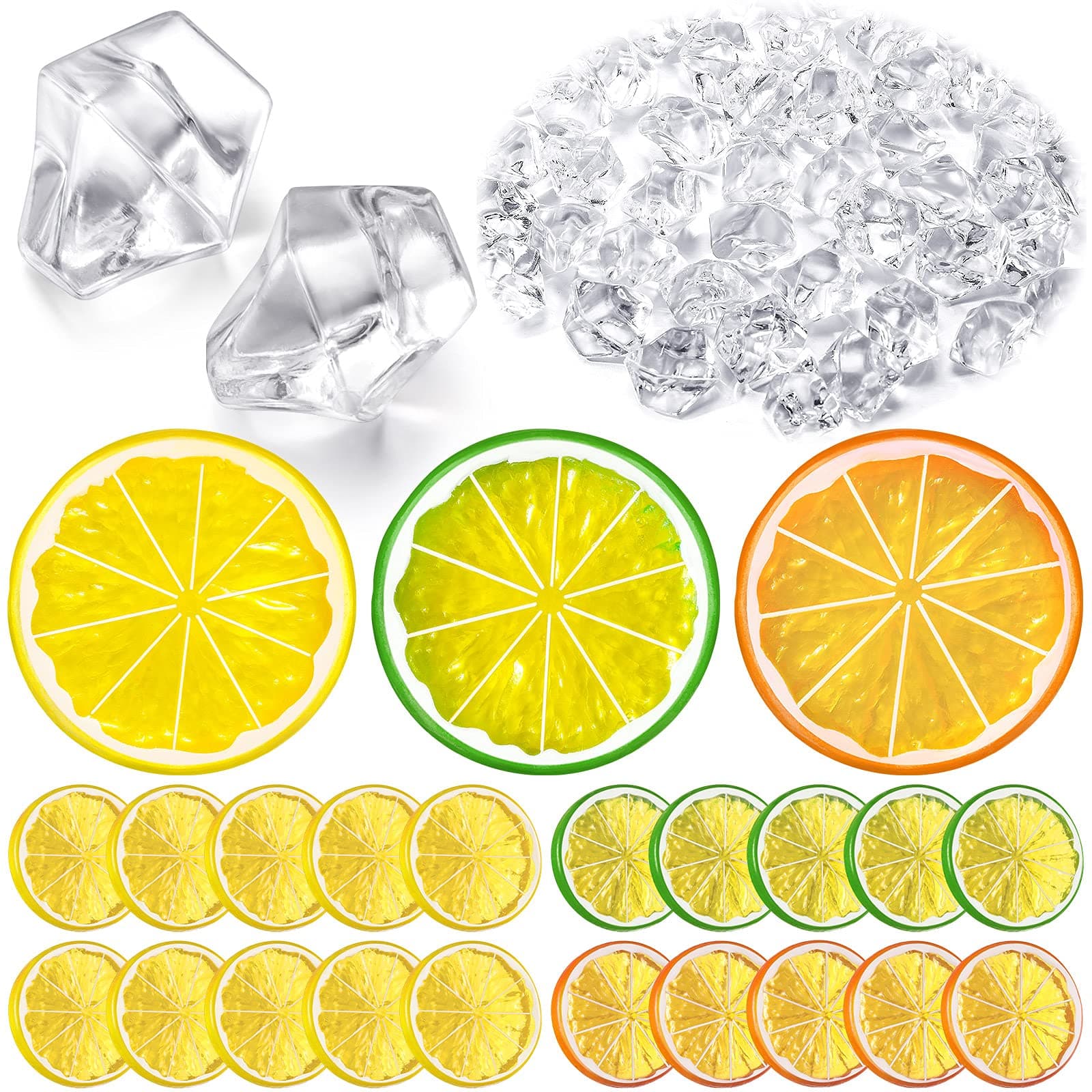 20 Pieces Simulation Lemon Slices and 300 Pieces Clear Fake Crushed Ice Rocks, Fake Artificial Fruits and Acrylic Diamonds Clear Ice for Vase Fillers Table Centerpiece Decor Wedding (1.6 x 0.3 Inch)
