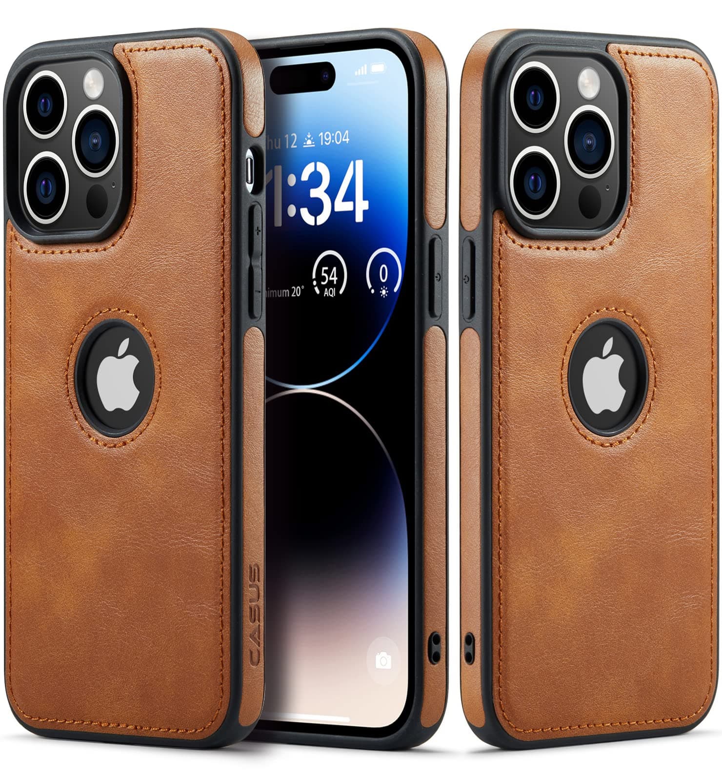 Casus Designed for iPhone 14 Pro Max Case Vegan Leather Slim Logo View Classic Luxury Elegant Thin Protective Cover (2022) 6.7" (Brown)