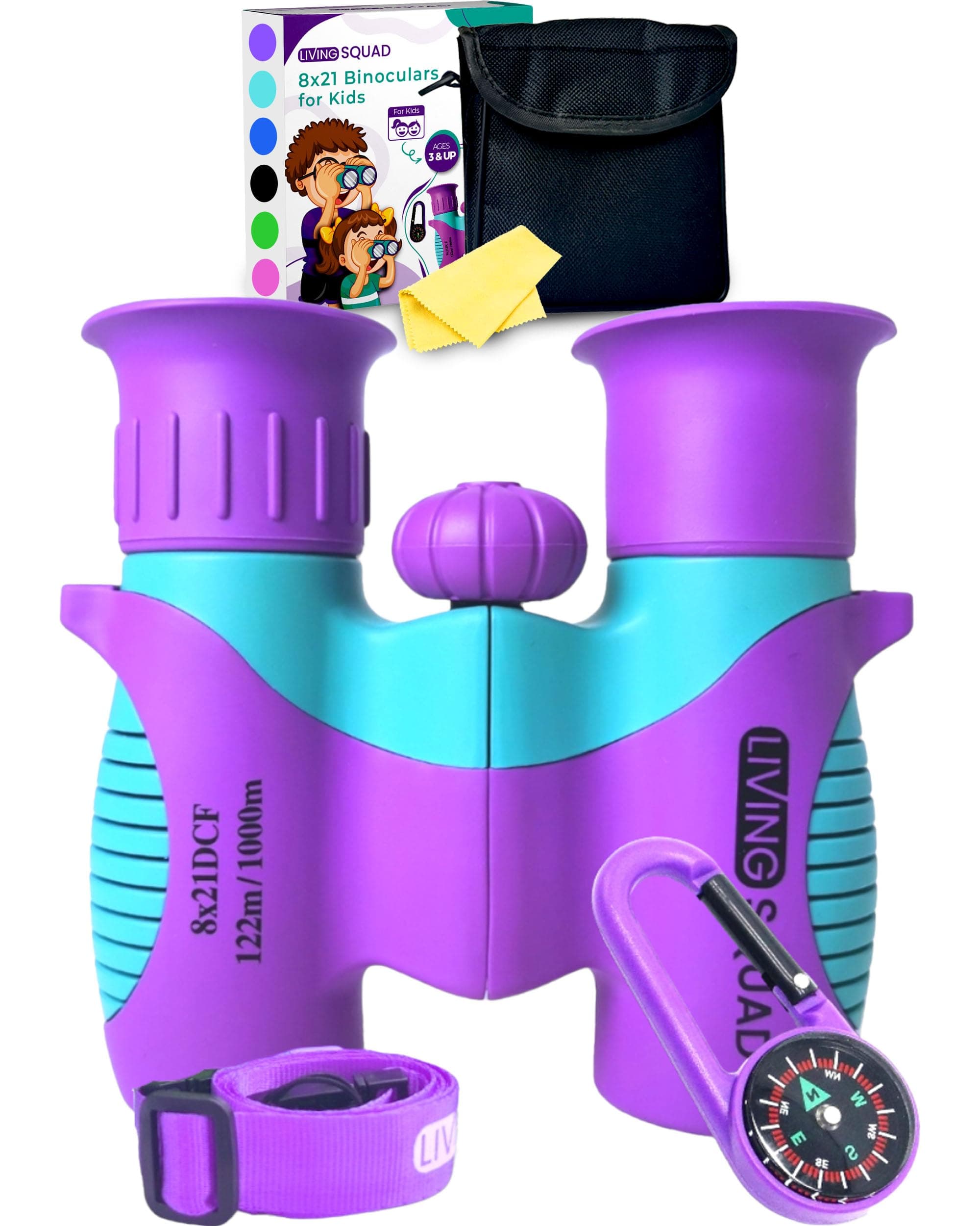Kids Binoculars Purple 8x21 Shockproof Set Ages 3–12 with Case, Neck Strap, Compass & Carabiner | High Resolution Optics for Outdoor Adventures, Bird Watching & Hiking for Girls