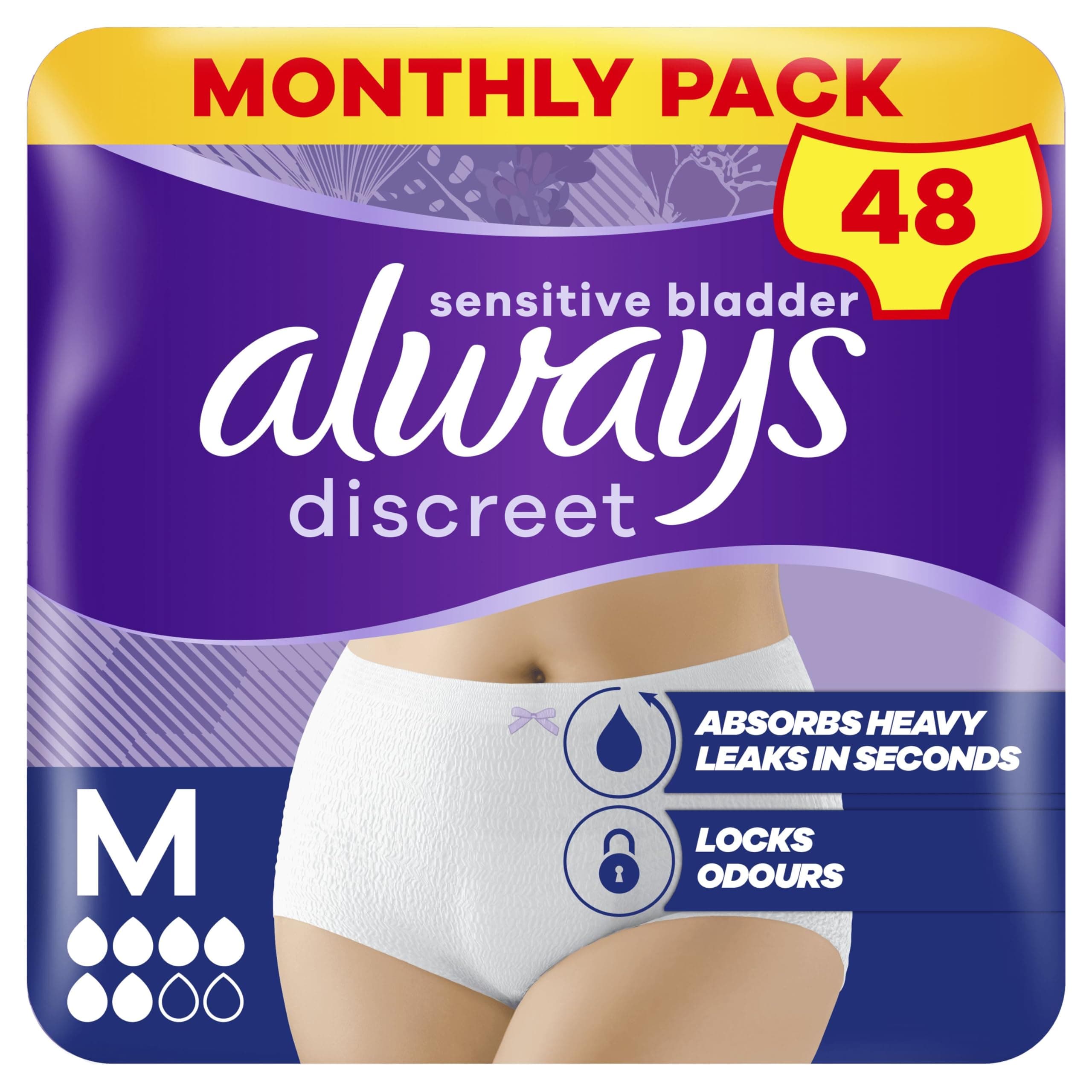 Always Discreet Incontinence Pants Women, Medium, Disposable Underwear Women, UK Size 8-14, White, Absorbency 6, 48 Underwear , Knickers (12 x 4 Packs), Bladder Leak Protection , Maternity Postpartum