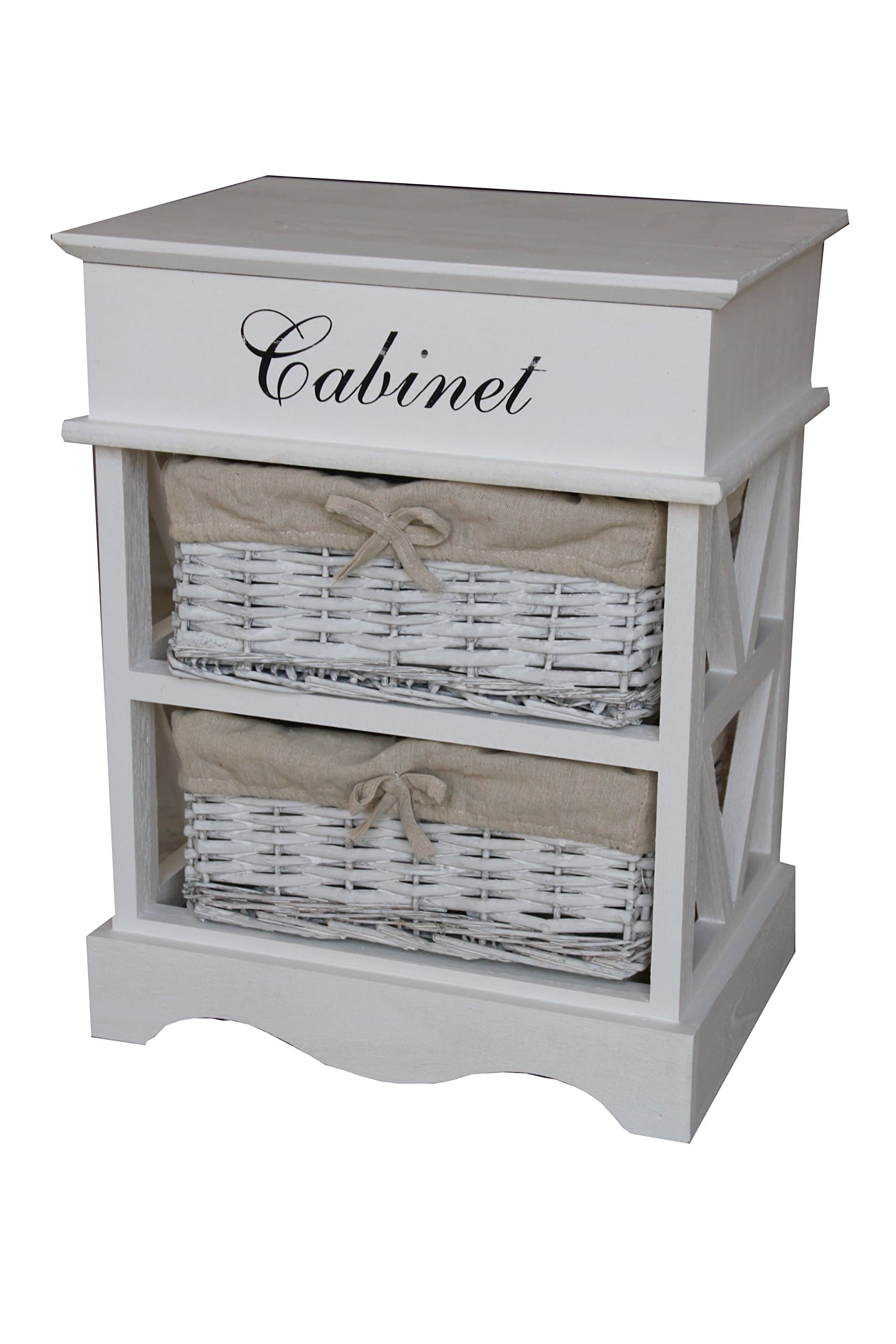 Shabby Chic Modern Wooden White Cabinet Storage Units Cupboard Bedside Table with 2 Wicker Baskets Drawer Bedroom Bathroom Kitchen Furniture (2 Baskets)