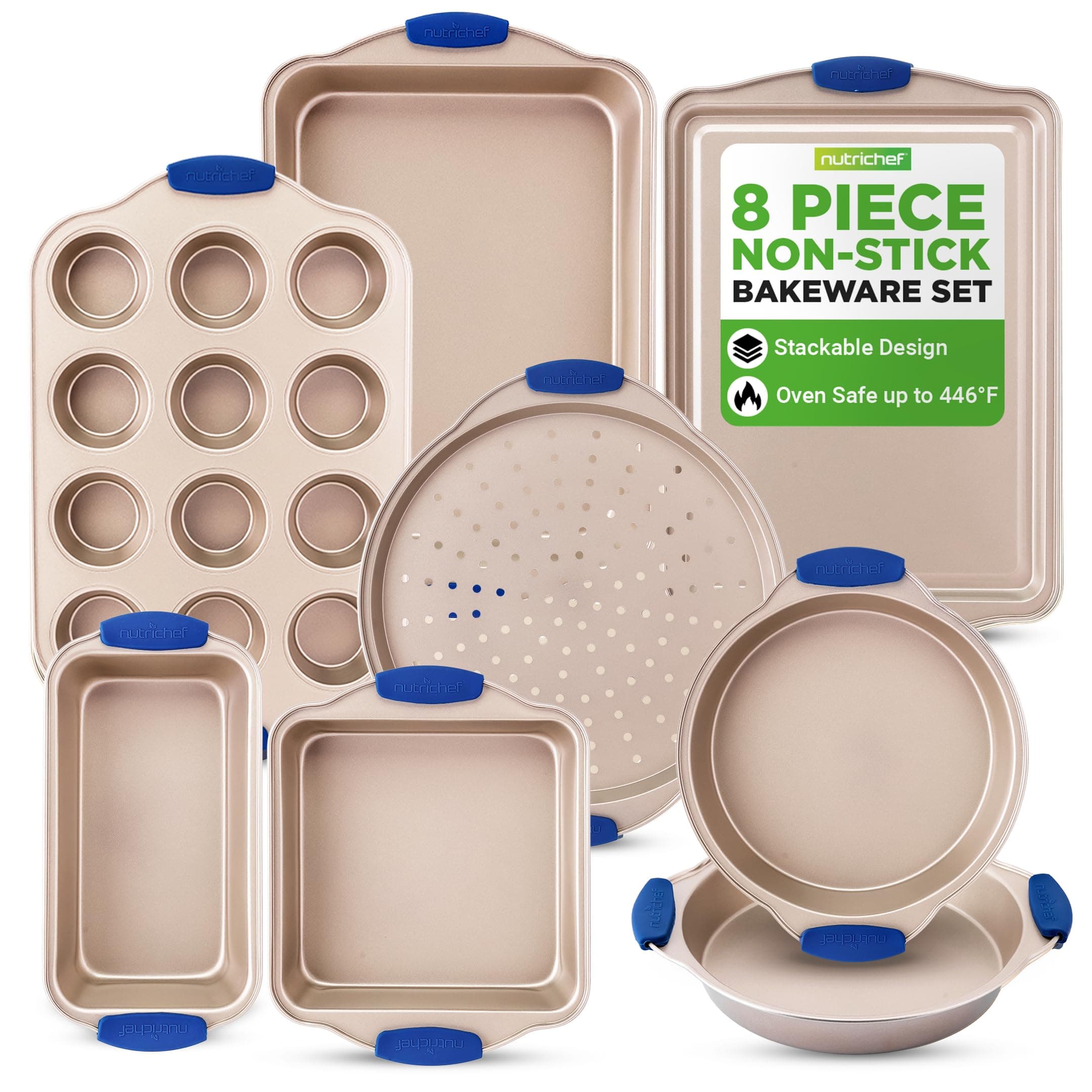 8-Piece Nonstick Bakeware Set - Heavy Duty Carbon Steel Baking Pans w/ Blue Silicone Handles - Pizza Crisper, Muffin & Loaf Pan, Round & Square Pans, Cookie Sheet - Champagne Gold
