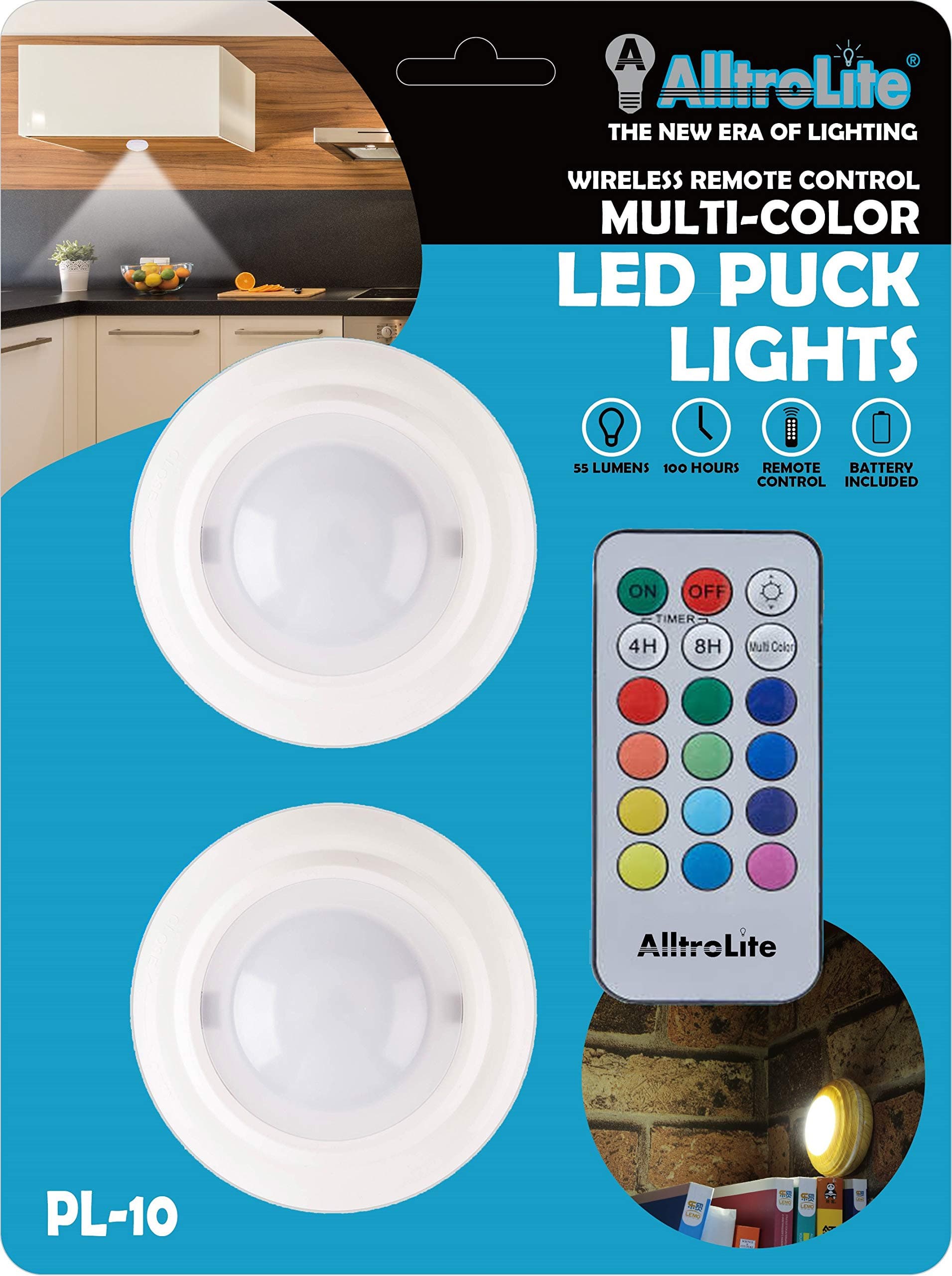 2-Pack PL10 Wireless Color Changing LED Puck Light With Remote Control | LED Under Cabinet Lighting | Closet Light | Under Counter Lighting | Stick On Lights | Batteries Included