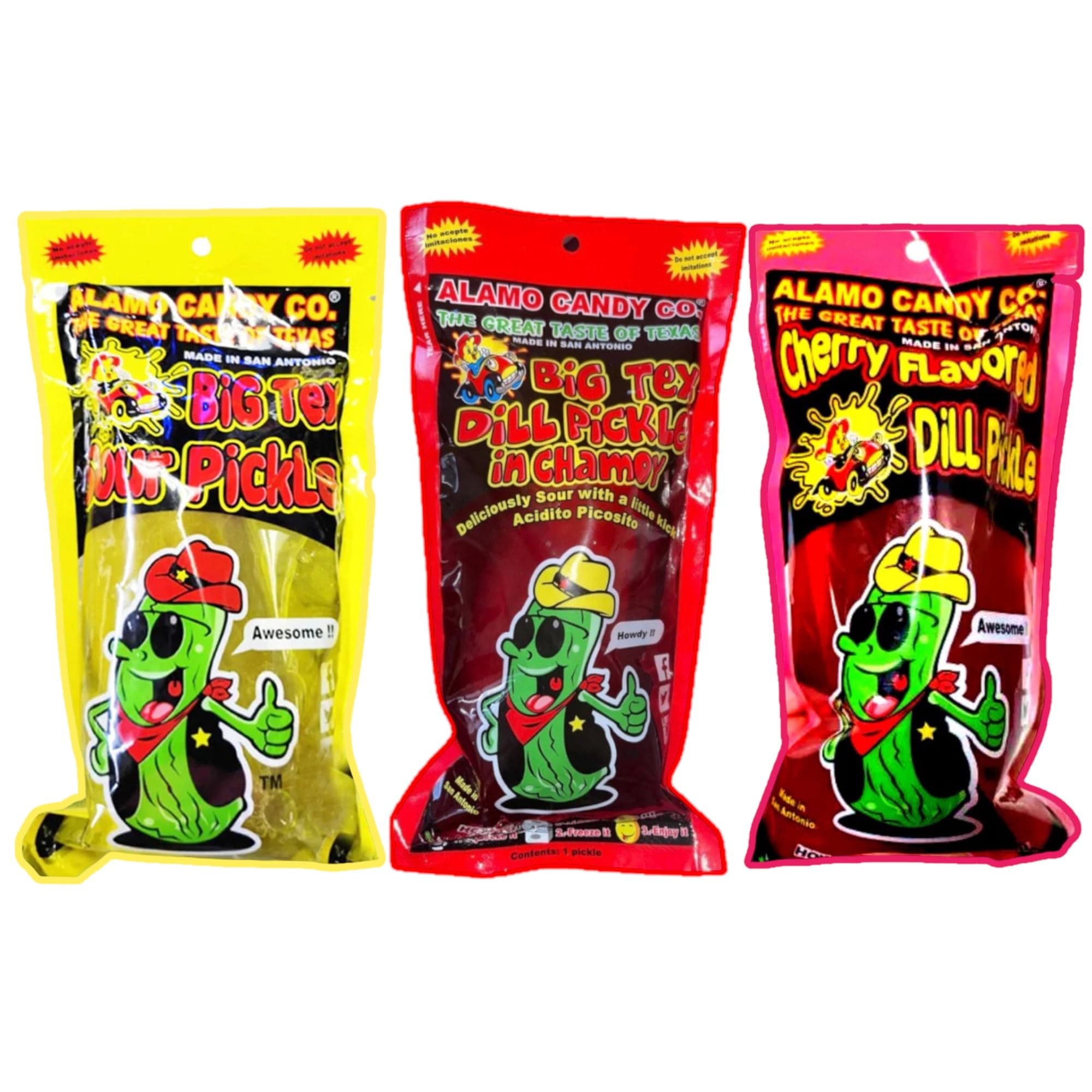 Big Chamoy Pickle, Cherry Pickle, And Sour Pickle The Three Pickle Pack