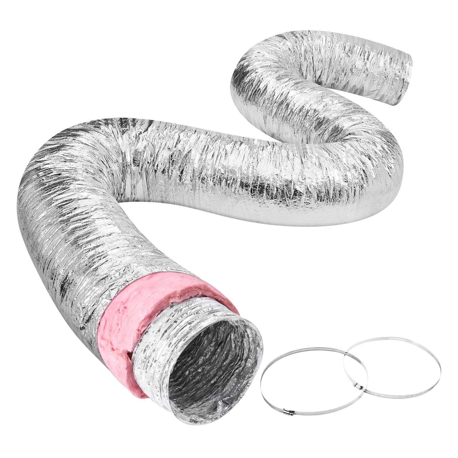 6 Inch Insulated Flexible Duct R-6.0，25 Feet Long with 2 Duct Clamps, Heavy-Duty Three Layer Protection Air Ducting Hose for HVAC Heating Cooling Ventilation and Exhaust Ductwork Insulation