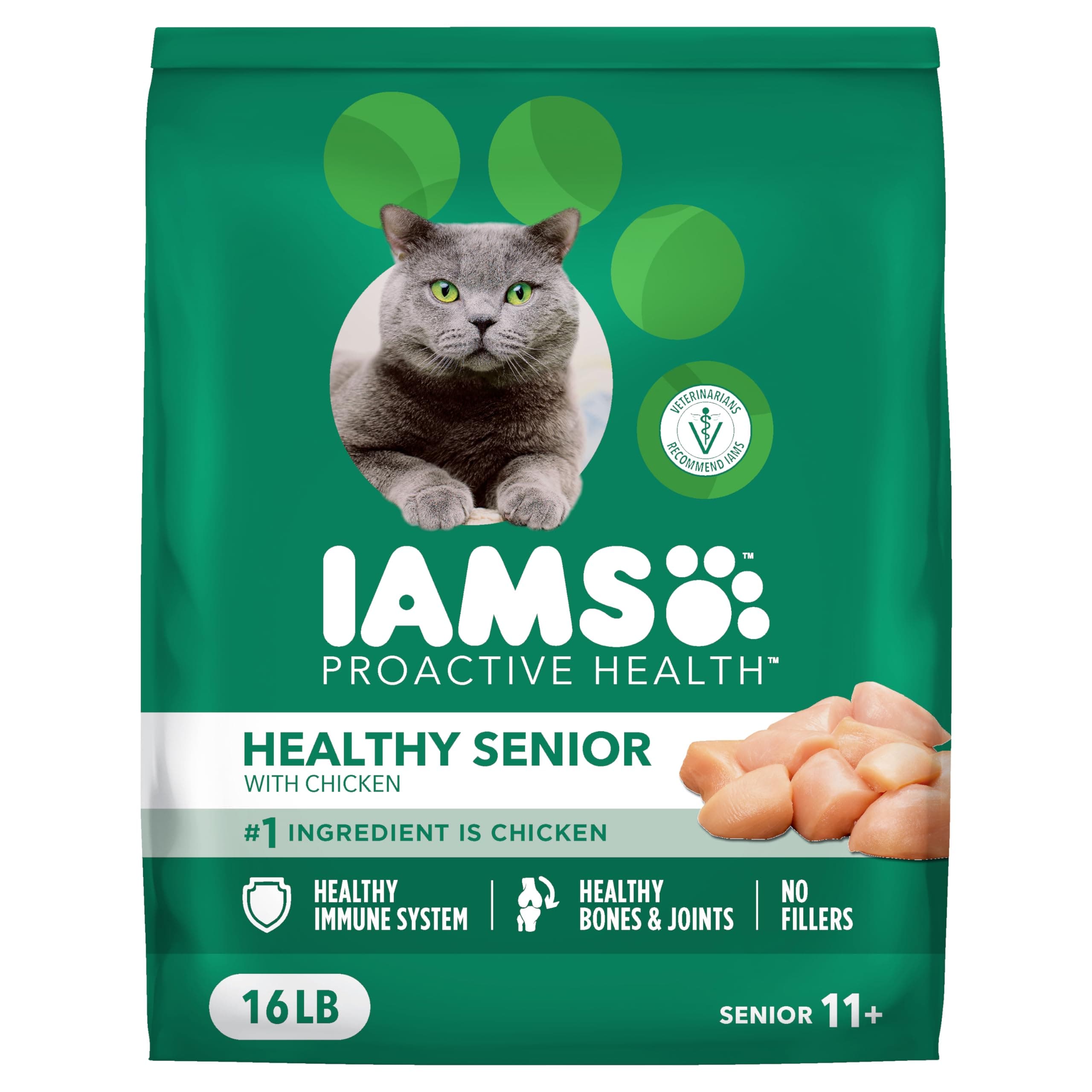 IAMS Proactive Health Senior Dry Cat Food Cat Food Dry Chicken Recipe, Real Chicken in Every Bite, 16 lb. Bag