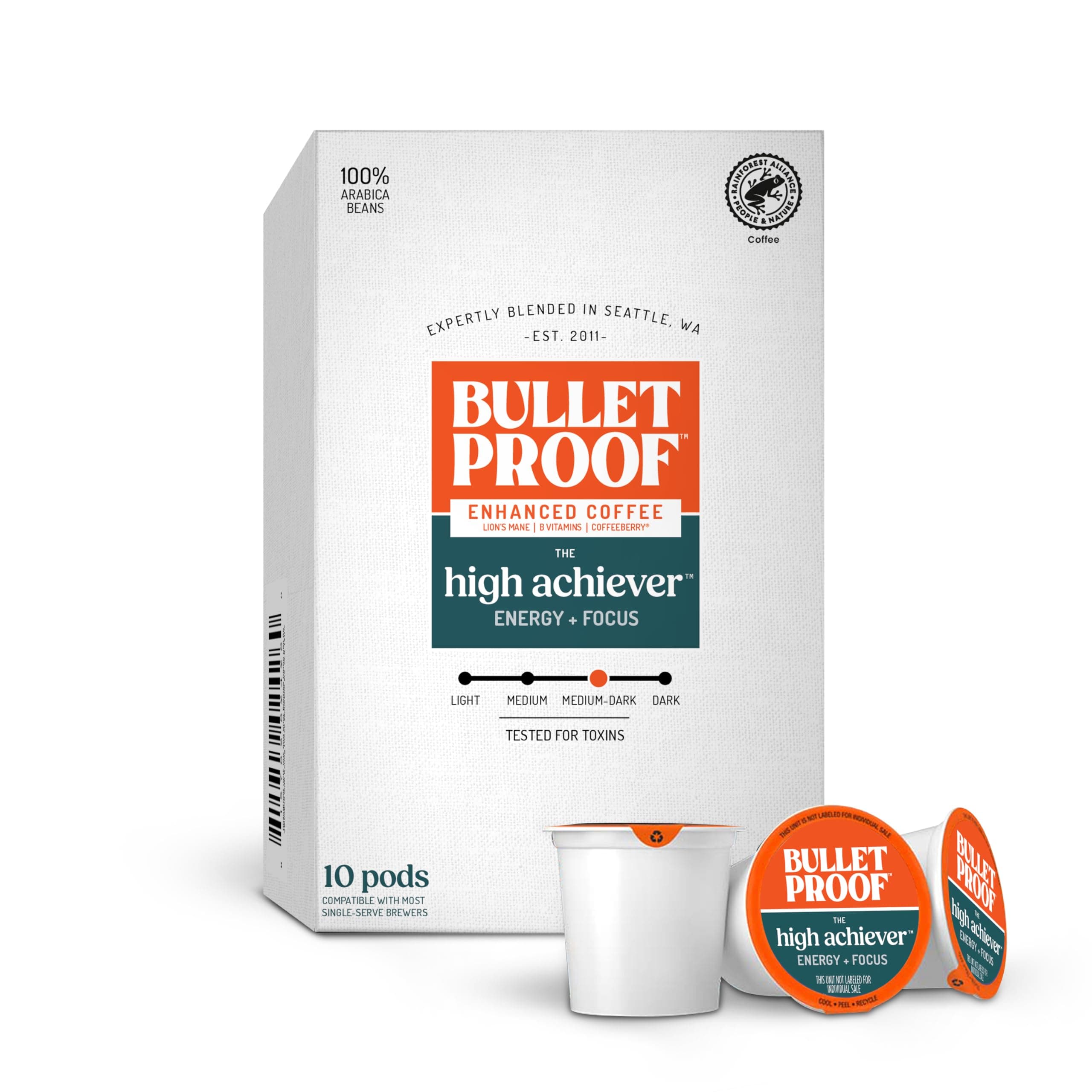 Bulletproof High Achiever Single-Serve Pods, 10 count, Medium-Dark Roast Enhanced Coffee with Lion's Mane Mushroom, B Vitamins, and Adaptogens for Energy and Focus