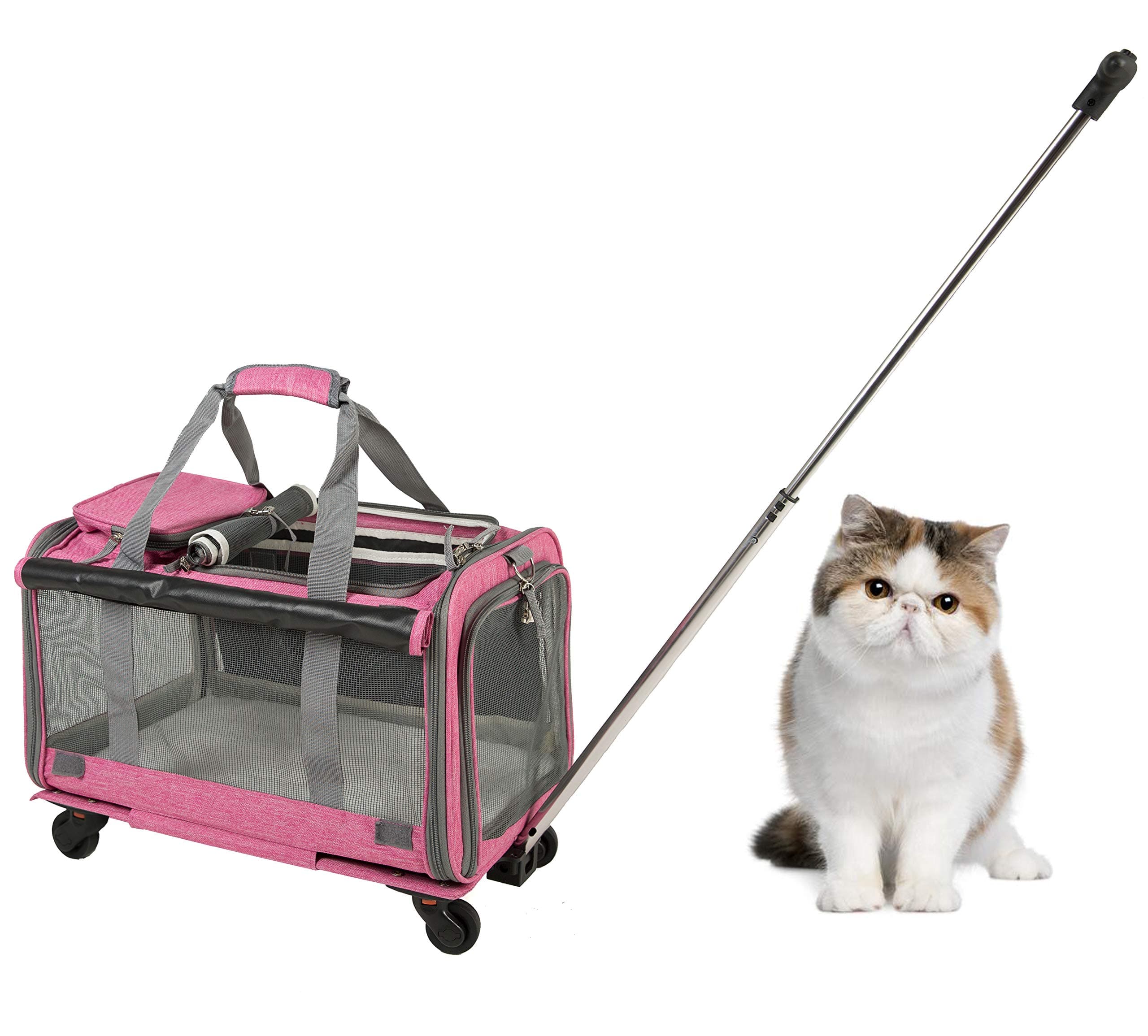 Antelope Airline Approved Pet Wheels Carrier for Cats, Small Dogs, Puppies, Cat Wheel Travel Carrier for Outdoor, Foldable Portable Washable Pet Stroller 19.6 in 12.2 in 12.2 in (Pink)