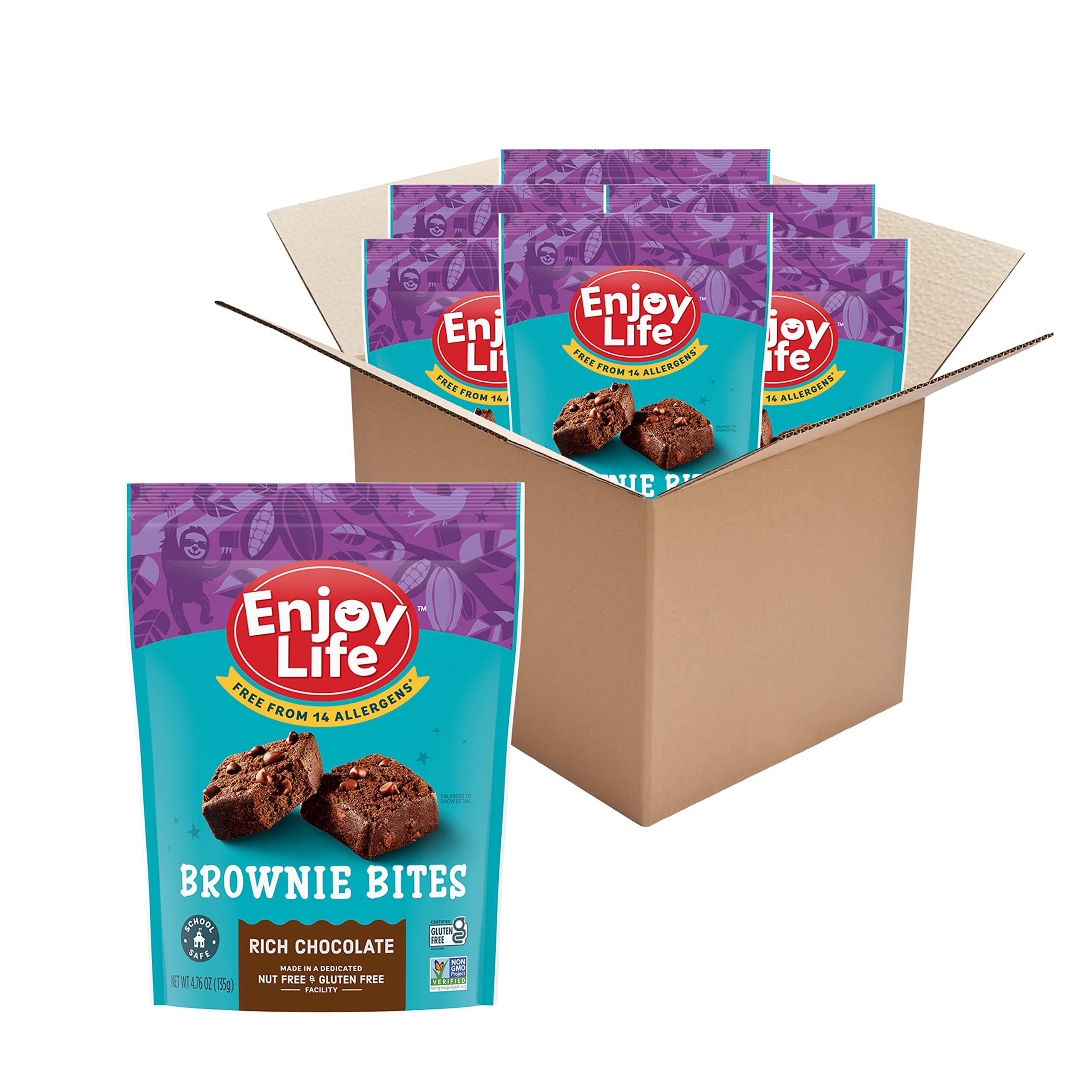 Enjoy Life Rich Chocolate Brownie Bites, Soy Free, Dairy Free, Non GMO, Gluten Free, Vegan, Nut Free Brownies, 6 Pouches