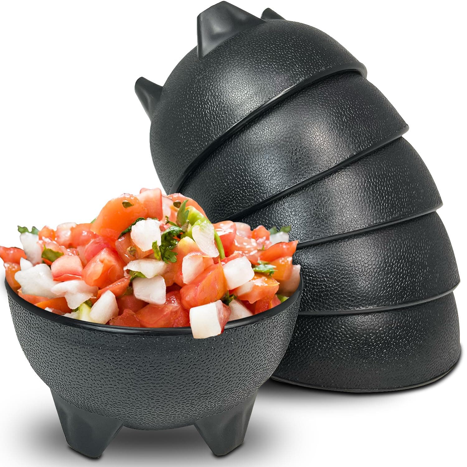 KSEV KSEV Salsa Bowls, Plastic Mexican Molcajete Chips Guacamole, Serving Dish, Sauce Cup, Side Dish, Snack, Chips, Dip, Nuts or Candy. Great to use at Any Event. (Black - 6 Pack)