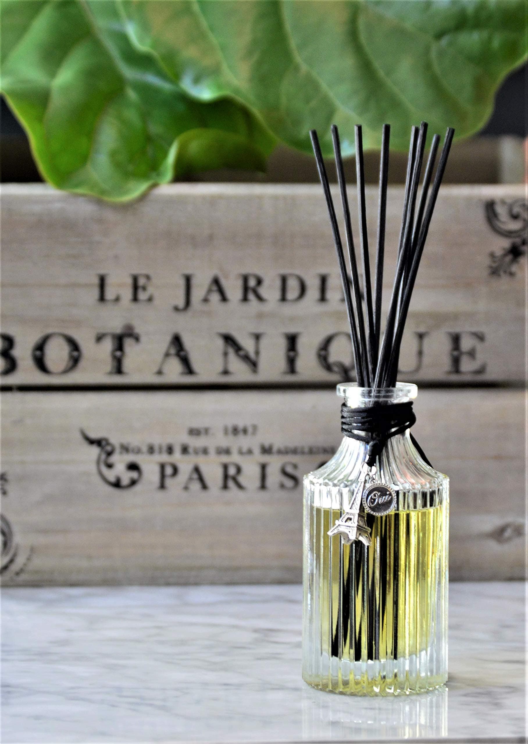 Paris Le Jardin Reed Diffuser Giftset | Made with Fresh Notes of Gardenia, Daffodils, Iris and Jasmine | Elegant Reusable Bottle, Beautiful Charm and Black Reed Rattan Sticks | Made in USA