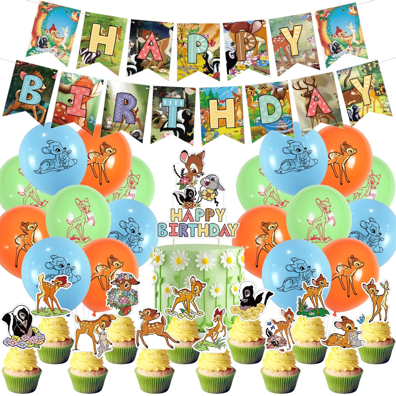 Bambi Birthday Party Decorations, Cartoon Bambi Theme Party Supplies Set includes Happy Birthday Banner, Cupcake Cake Toppers, Balloons for Kids Baby Shower Party Favors