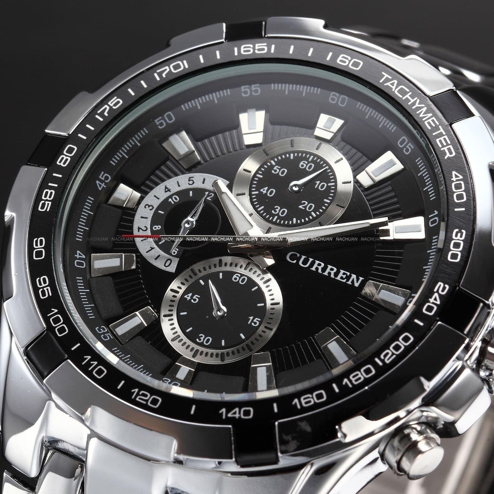 Fashion Stainless Steel Band Luxury Sport Analog Quartz Clock Mens Silver and Black Color Wrist Watch