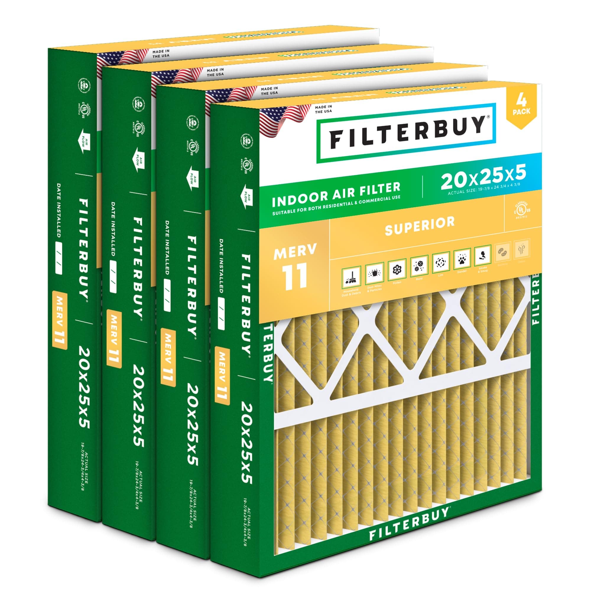 Filterbuy 20x25x5 Air Filter MERV 11 Superior Pet & Allergy Defense (4-Pack), Pleated HVAC AC Furnace Filters for Honeywell FC100A1037, Lennox X6673, and More (Actual Size: 19.88 x 24.75 x 4.38)