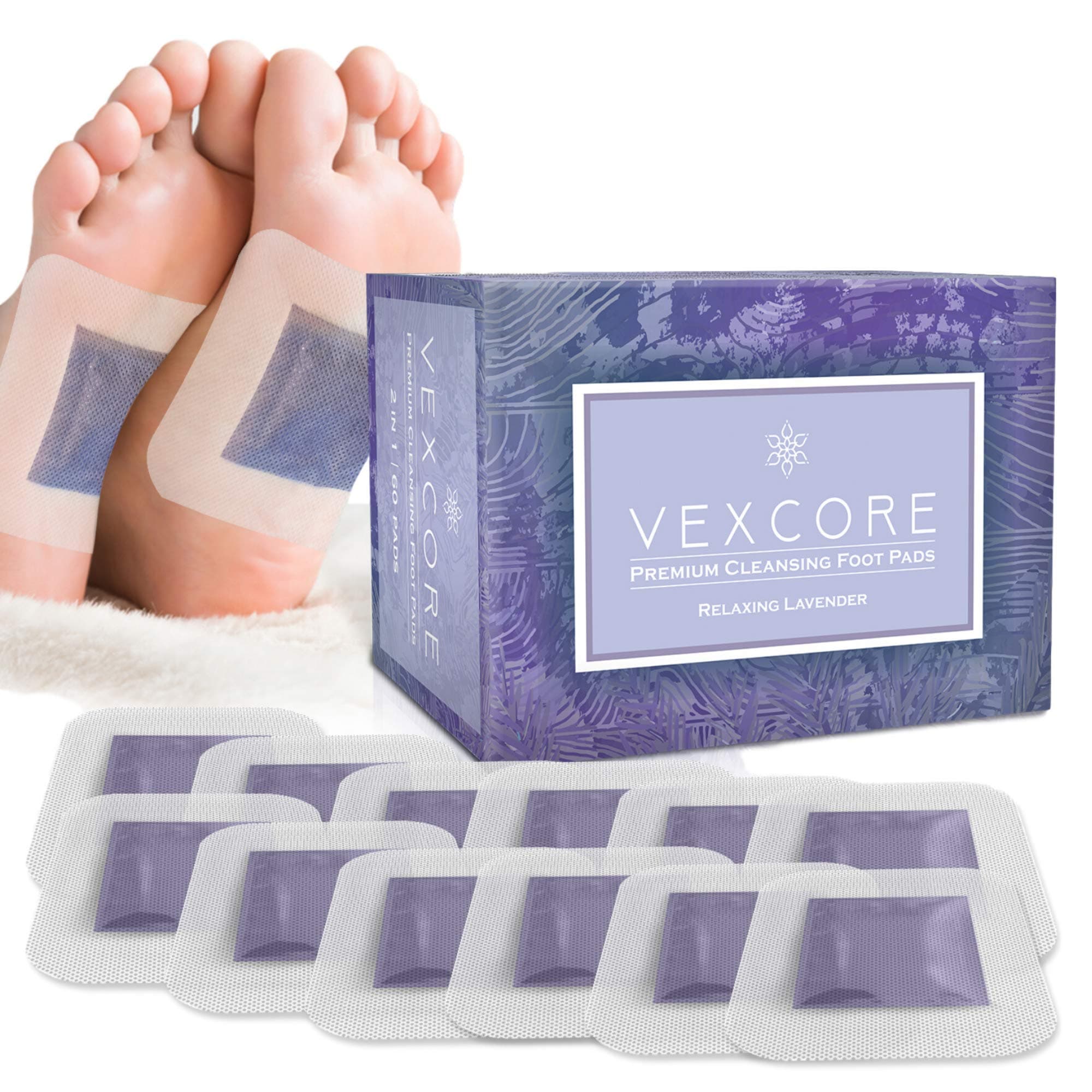 Aroma Foot Pads - 60 'Relaxing Lavender' Scented Bamboo Vinegar Patches - All Natural Ingredients, Strong Adhesive, No Sticky Residue, 2-in-1 Pad