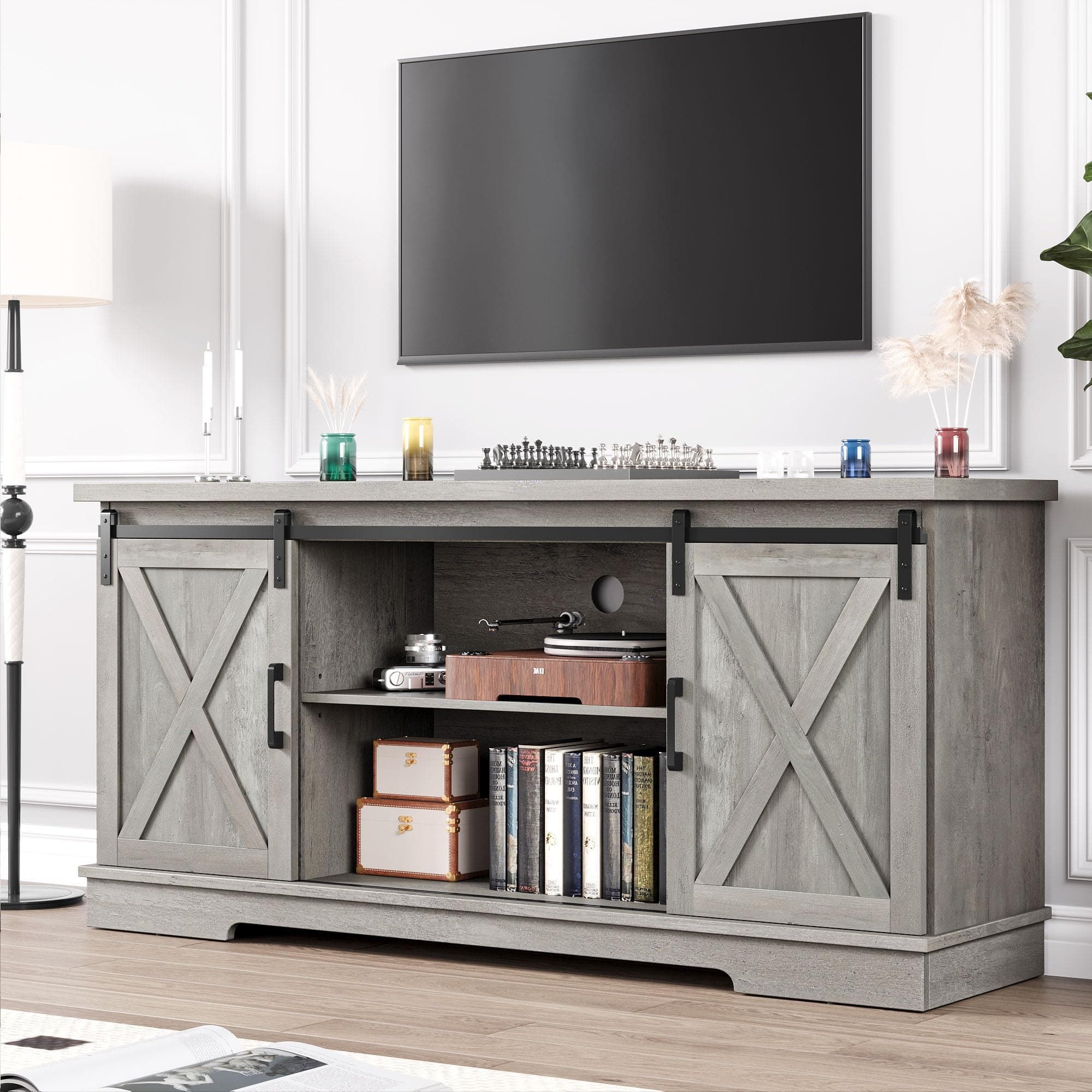 IDEALHOUSE Grey Farmhouse Cabinet, 65 Inch TV Stand with Storage, Barn Doors and Shelves, Modern TV Console Table Furniture for Living Bedroom
