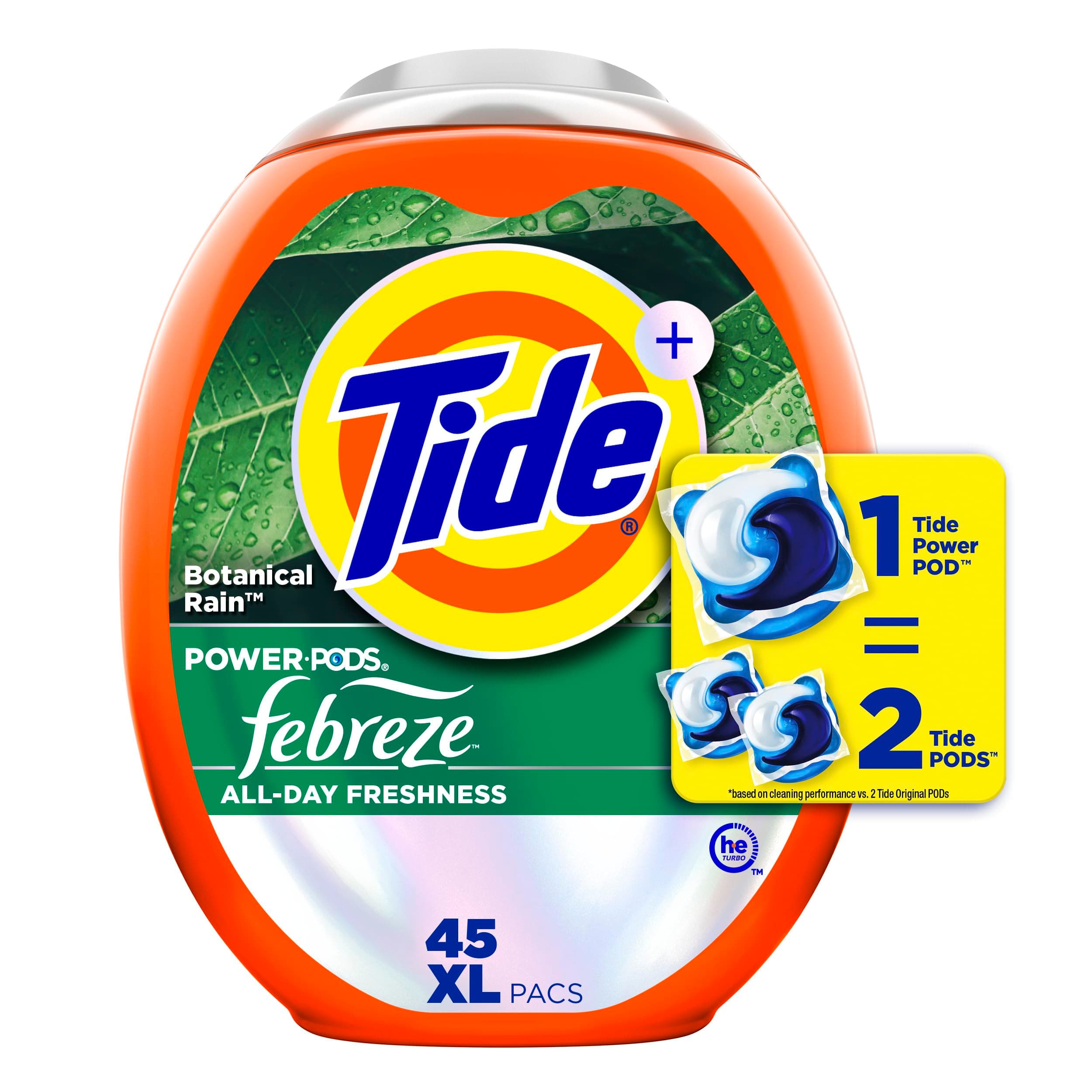 Power Pods with Febreze Laundry Detergent Pacs, 45 Count, Botanical Rain Scent, All-Day Freshness