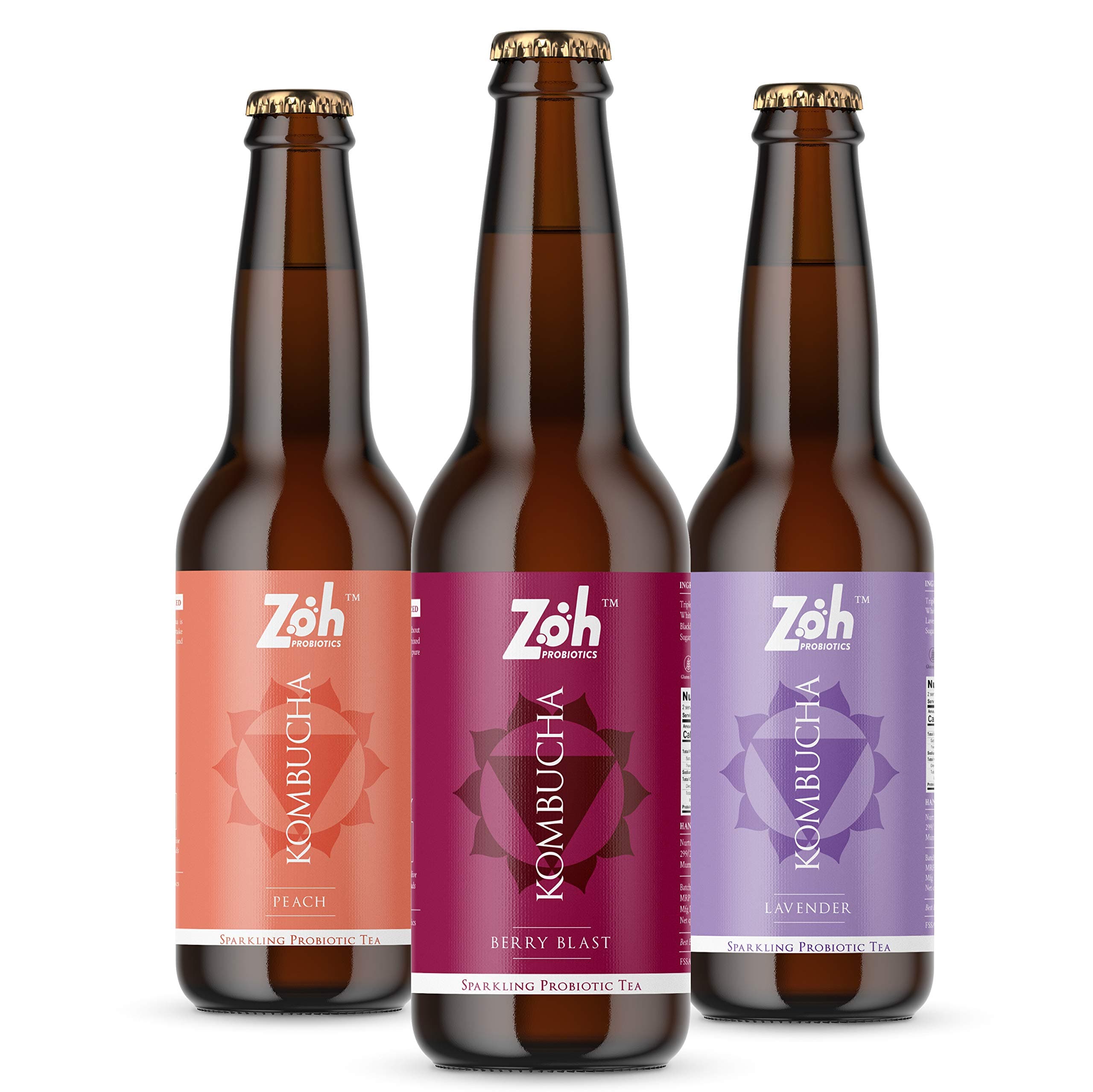 Zoh Probiotics Kombucha-(330milligrams,Pack Of 3)Peach,Berry,&Lavender Kombucha, Green, Liquid Probiotic&Antioxidant Rich Raw Sparkling Tea,Low Sugar,Vegan,&With Gut Healing Active Cultures