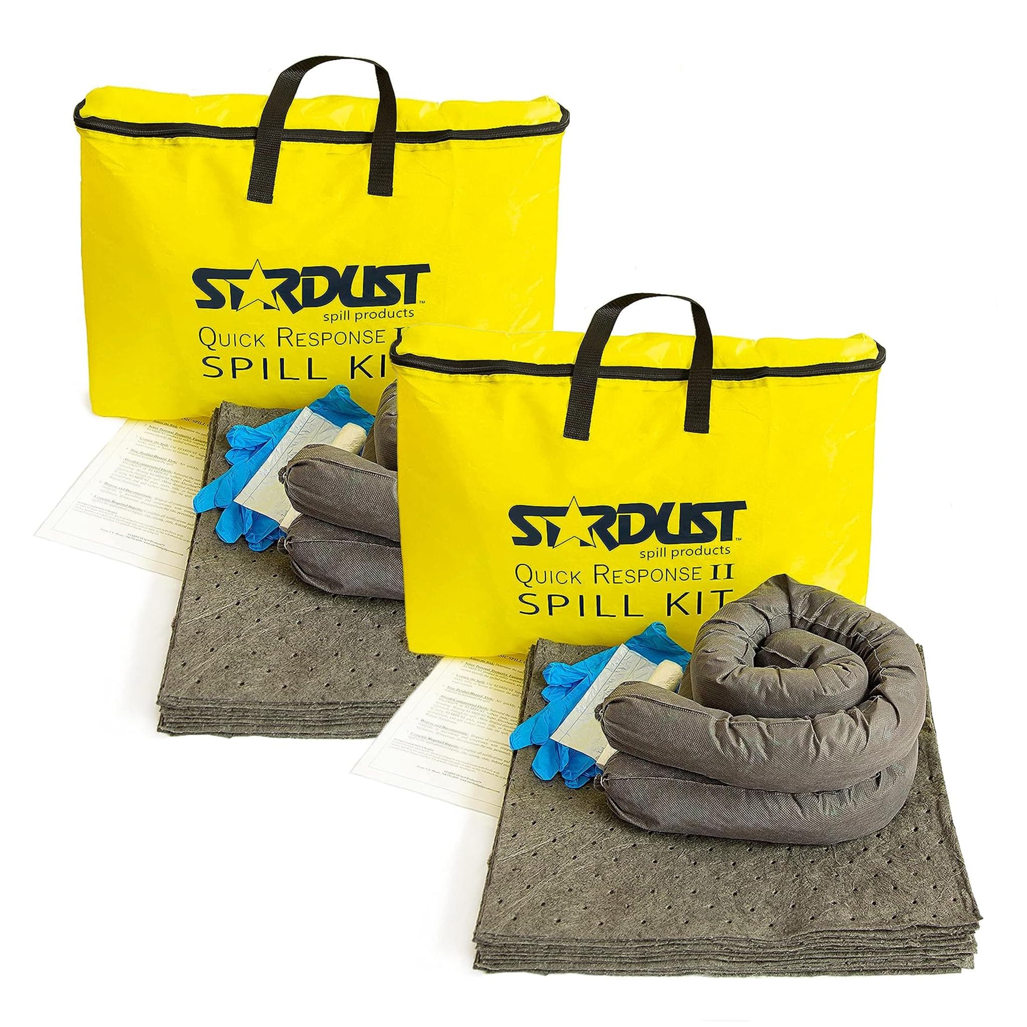 Stardust Super Absorbent Quick Response II Spill Kit 2-Pack. Each Pack Includes: Yellow Duffle, 15 Universal Pads, 2 3"x4' Universal Socks, 4 Disposal Bags, Nitrile Gloves