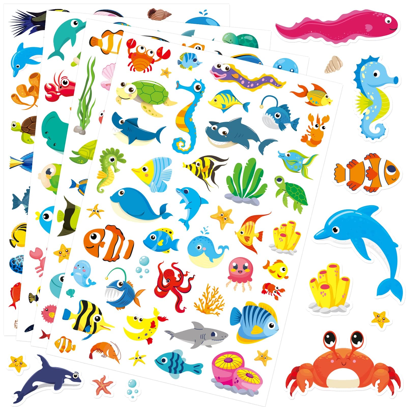 Cute Ocean Sea Animal Adhesive Stickers Tropical Fish Shark Stickers 890 Count for Boys Girls Birthday Invitations Envelopes Mermaid Under The sea Party Goodie Gifts Bags Decor Class Rewards