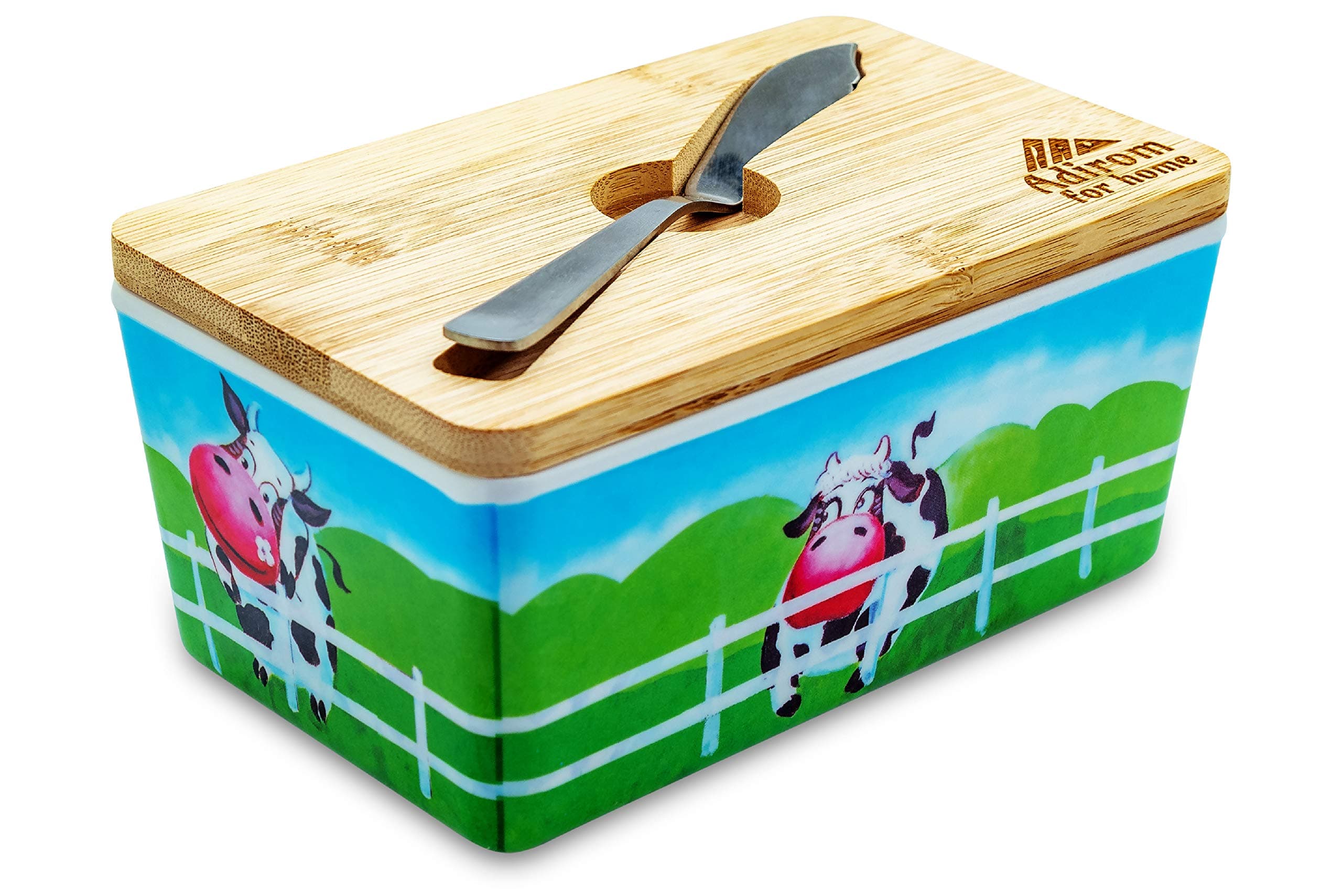 Adirom Butter Dish with Sealed Lid | Elegant Melamine Butter Keeper with Bamboo Cover | Unbreakable, Countertop Farmhouse Plastic Butter Holder Set | Keep Butter Soft and Fresh, Bonus Spreading Knife
