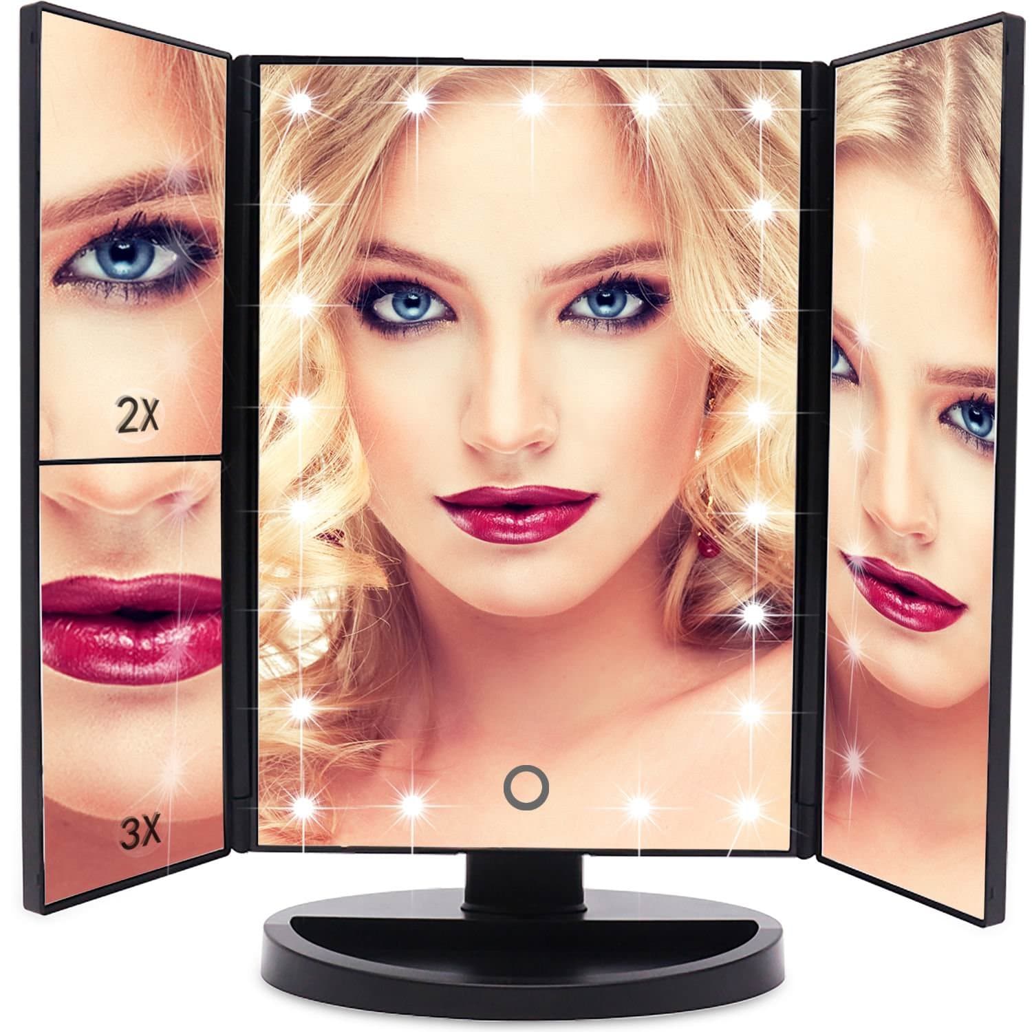 Vanity Mirror 21 LED lighted Makeup Mirror With Magnification Trifold Touch Screen, USB Charging 180°Free Rotation Table Countertop Cosmetic Mirror (BLACK)