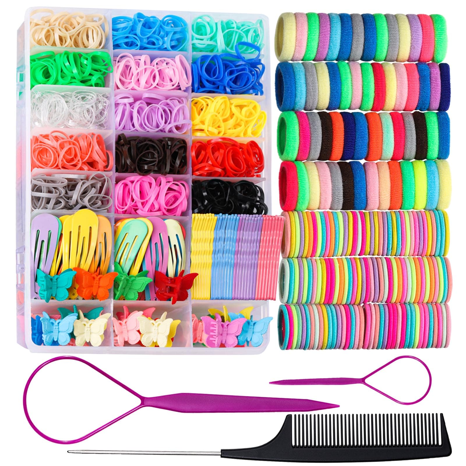Teenitor Elastic Hair Bands 15 Colors,Colorful Baby Rubber Bands Set with Hair Tail Tools, Rat Tail Comb, Butterfly Hair Clips, Hair Pins,Hair Ties
