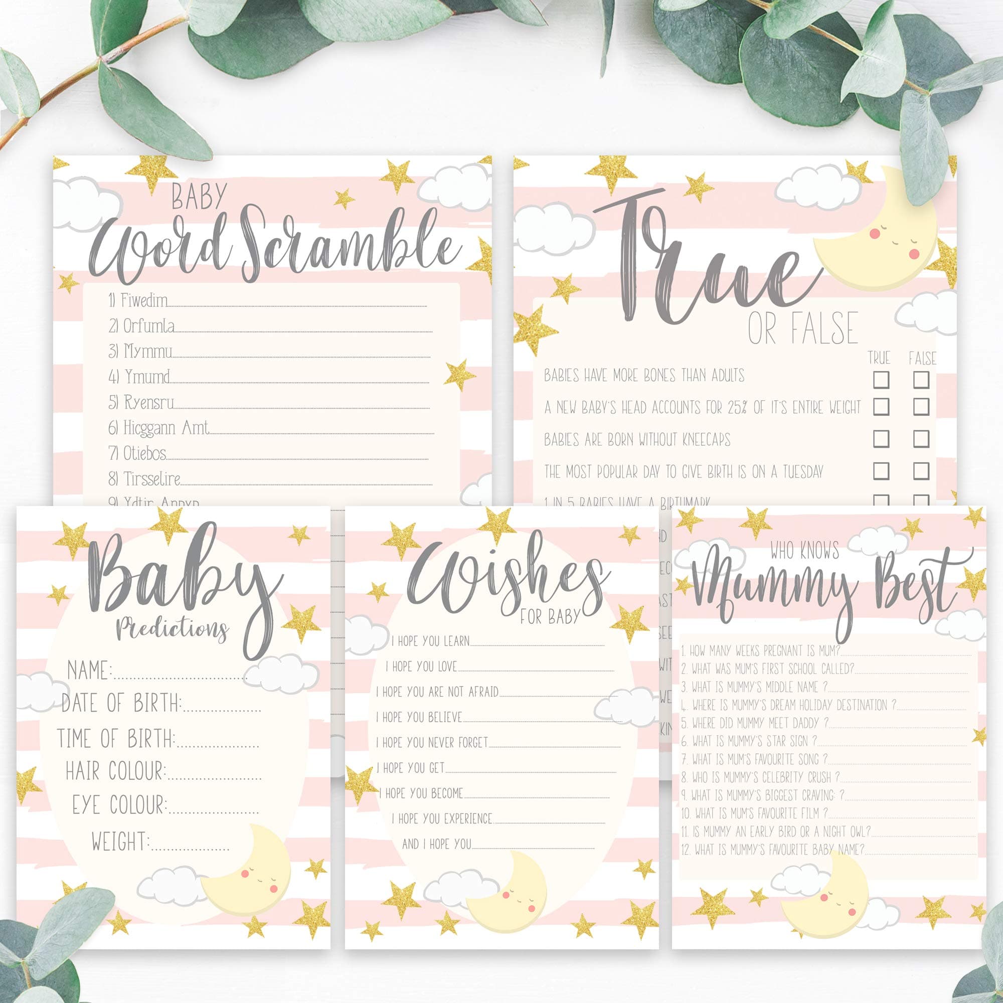 Little Angels Jamboree Baby Shower Games - The Ultimate Big Baby Shower Game Bundle 5 in 1 Pink Moon Striped Design