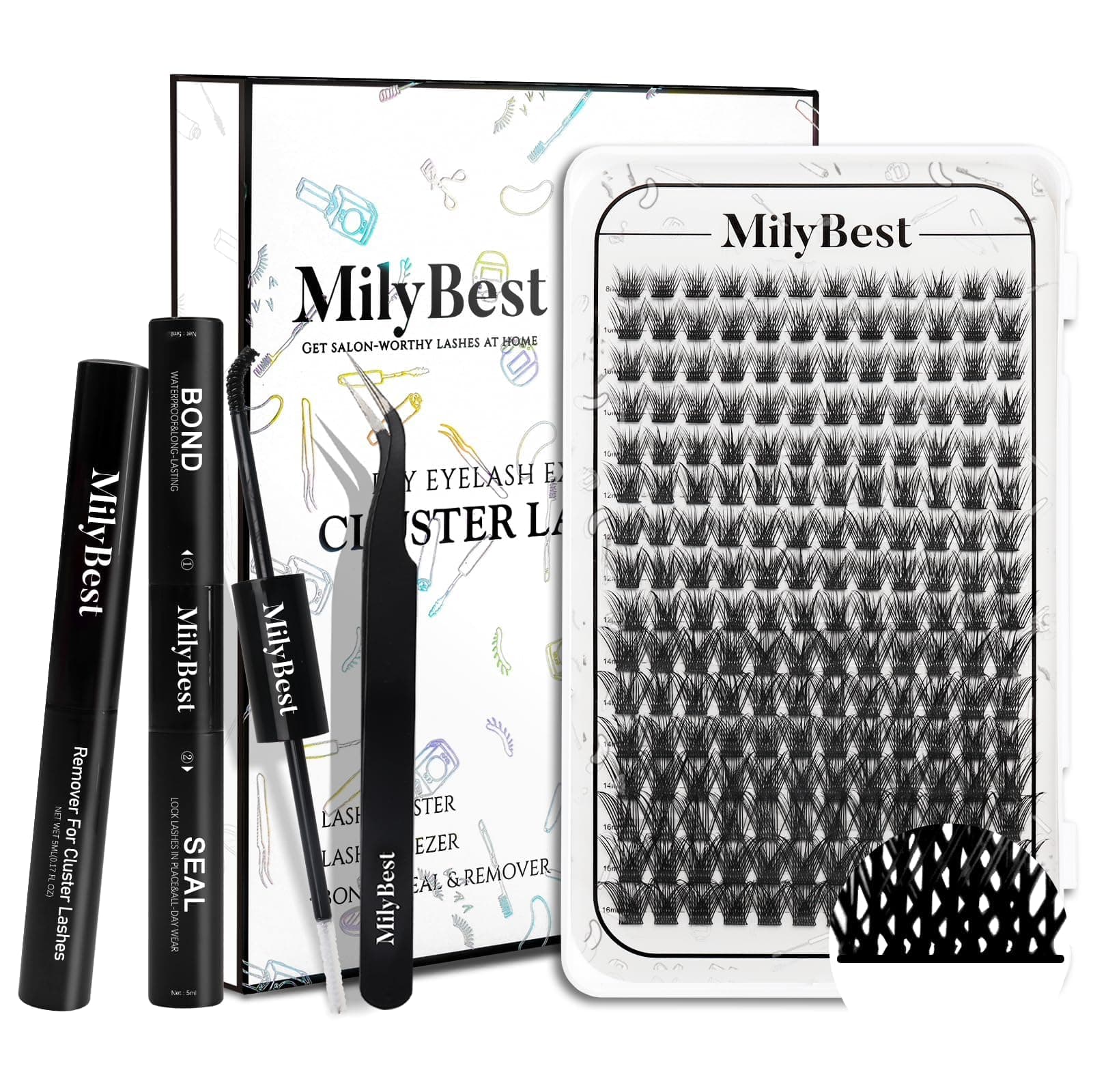 MilyBest DIY Lash Extension Kit, 192 Pcs Lash Clusters D Curl Individual Lashes Cluster Bond and Seal Eyelash Glue Remover Lash Applicator Tool Lash Kit for Eyelash Extensions Beginners