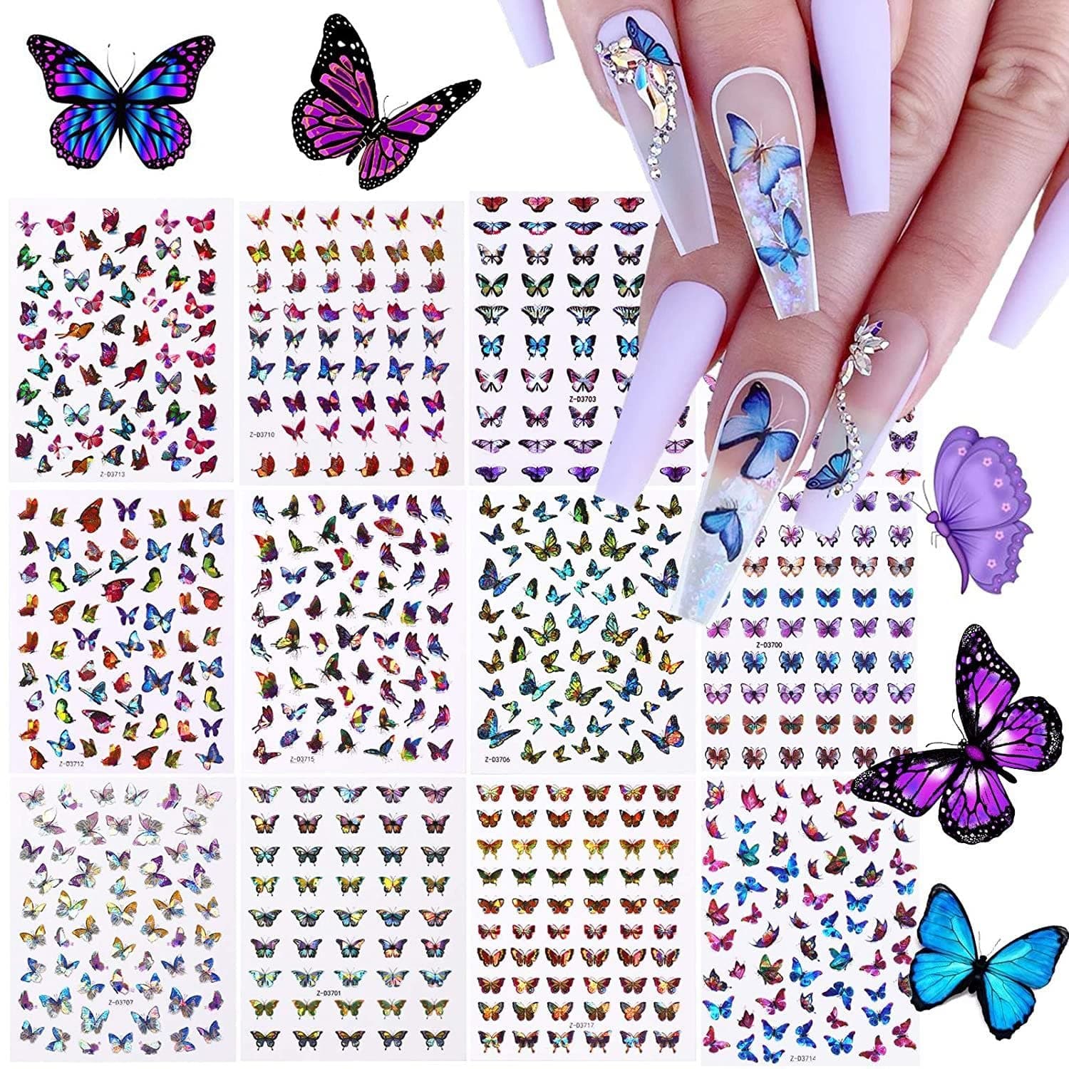 TRENDY CLUB Paper 12 Sheets Butterfly Nail Art Stickers Decals, 3D Self-Adhesive Nail Decals