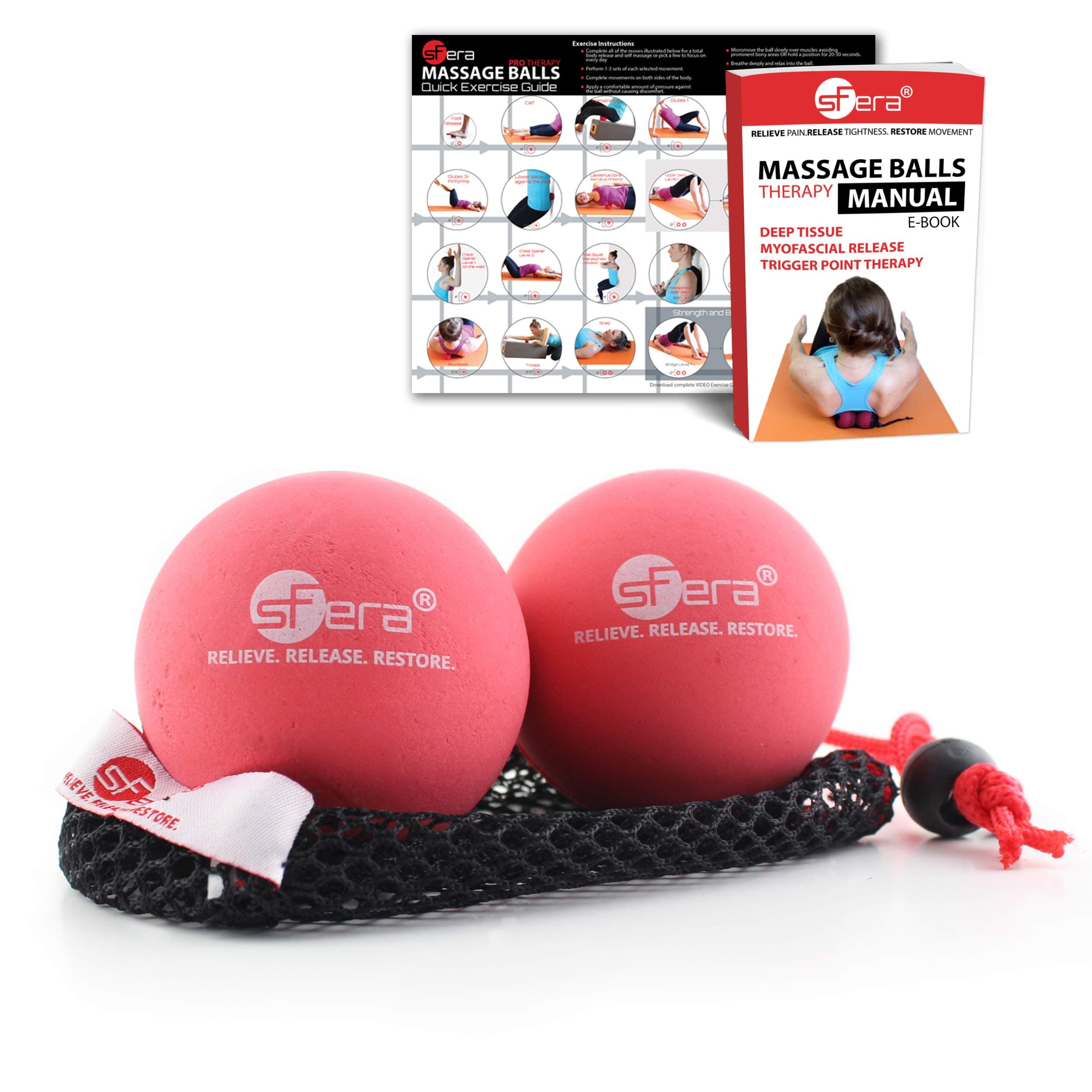 sFera Yoga Massage Balls, Trigger Point, Deep Tissue and Myofascial Therapy. 2 (2.5 inch) Firm Balls w/mesh Bag, (RLZ2 MED - Red)