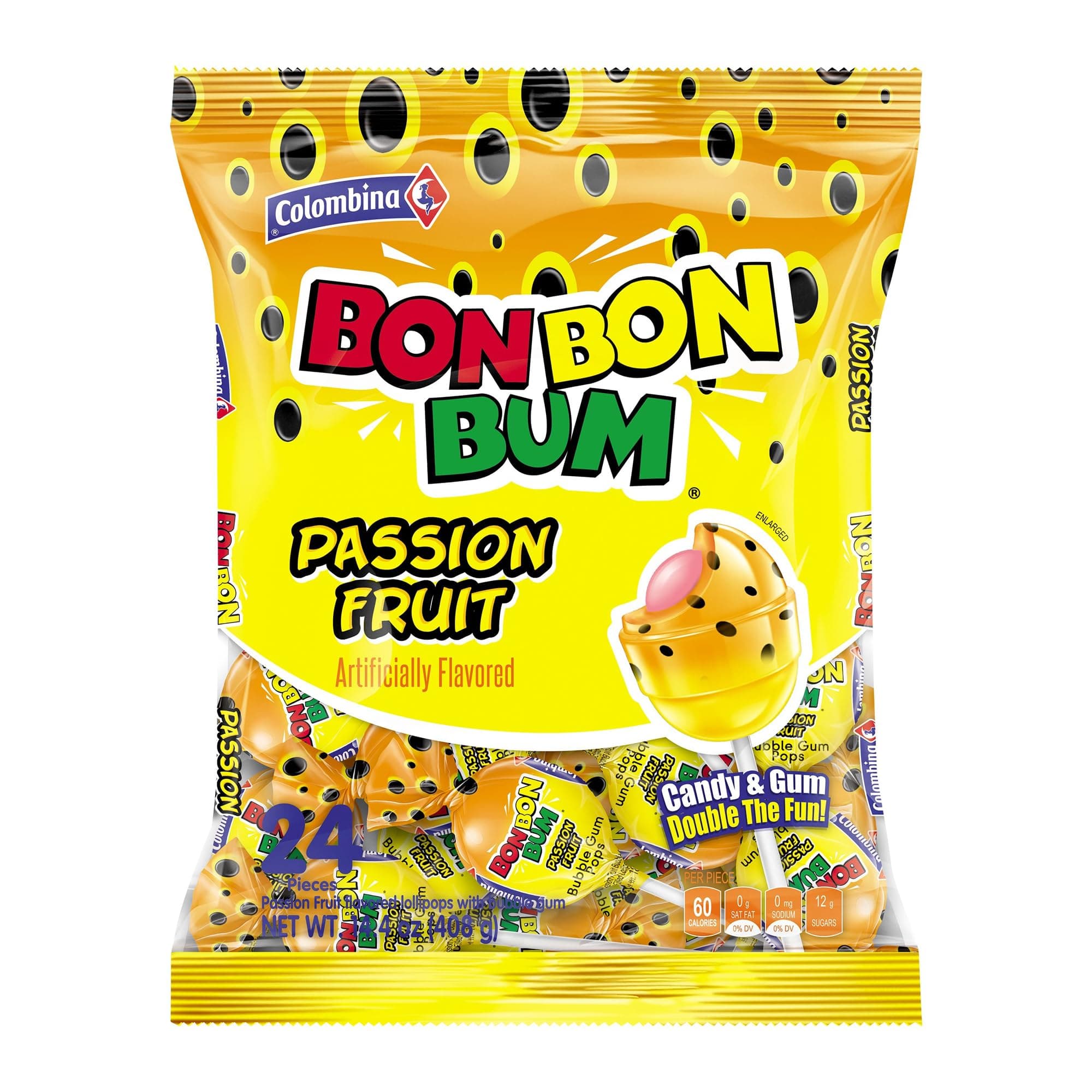 Colombina Bon Bon Bum Lollipops Tropical Passion Fruit Flavor, 24 Count (Pack...