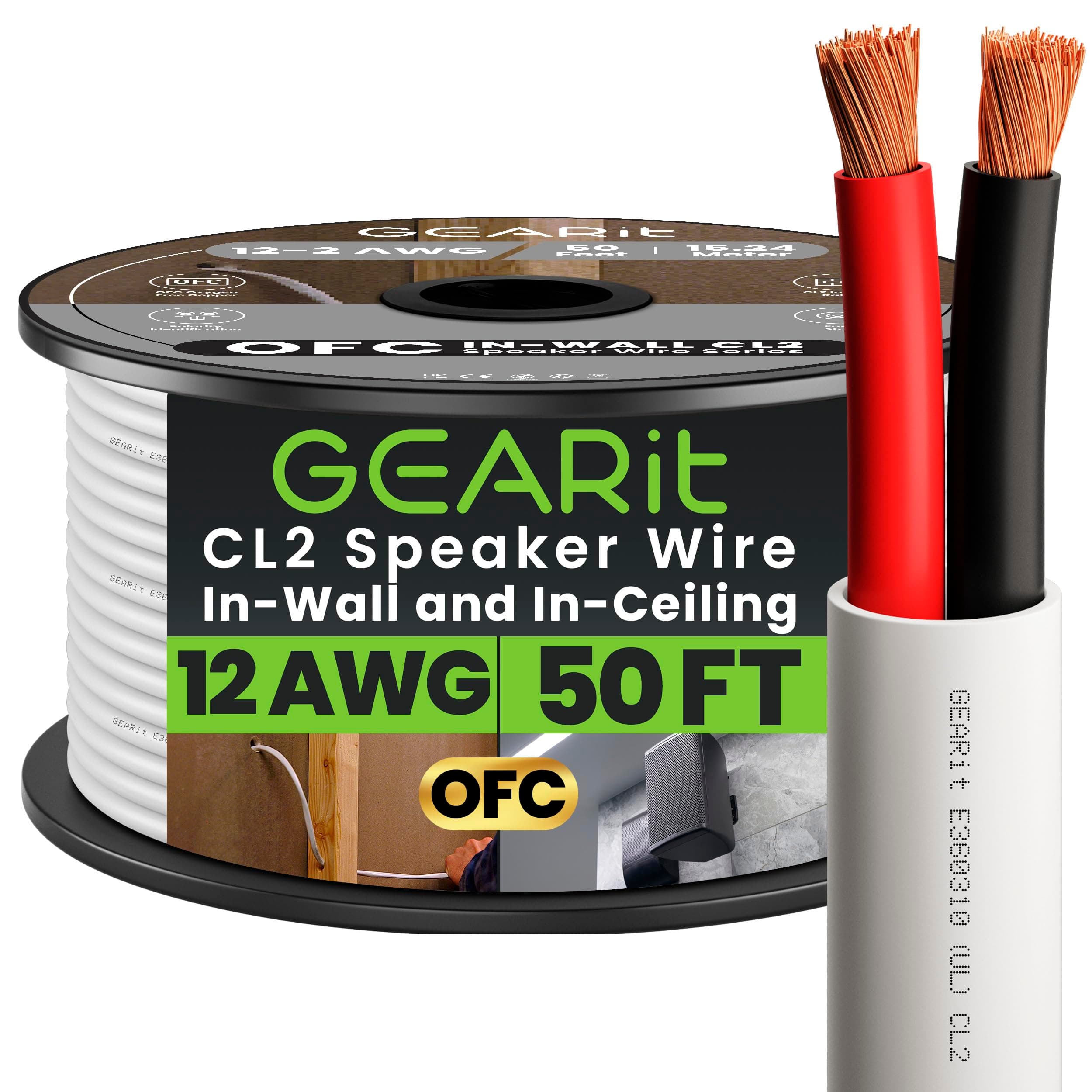 GearIT In-Wall Speaker Wire OFC 2x4mm≤ (15.24 Meters - White) Oxygen-Free Copper - Hi-Fi Audio Cable for In-Wall / CL2 Rated / 2-Conductors - 12 Gauge AWG, 50 Feet