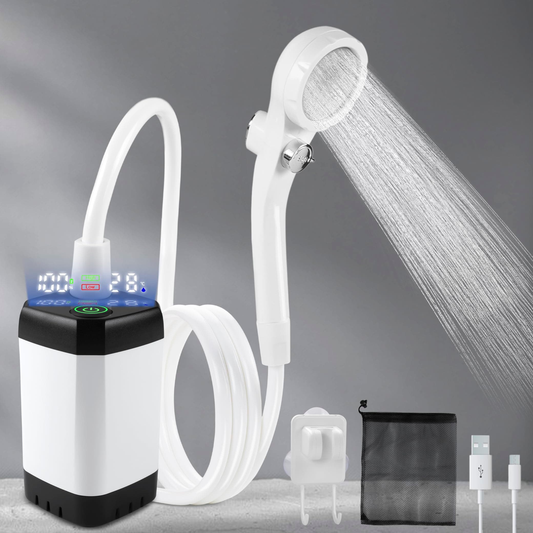 LIBERRWAY Camping Shower, Portable Shower for 90-140mins Outdoor Shower, Battery Level ▏ Watertemperature Viewable Dog Shower with Waterpressure Adjustable Shower Head IP67 Water Pump 6.5ft Hose