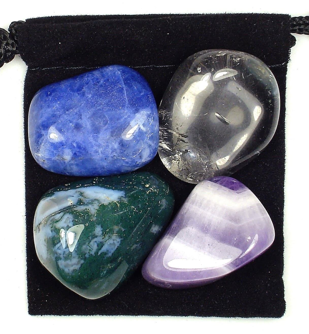 Boost Tumbled Crystal Healing Set with Pouch & Description Card - Chevron Amethyst, Moss Agate, Quartz, & SodaliteL8