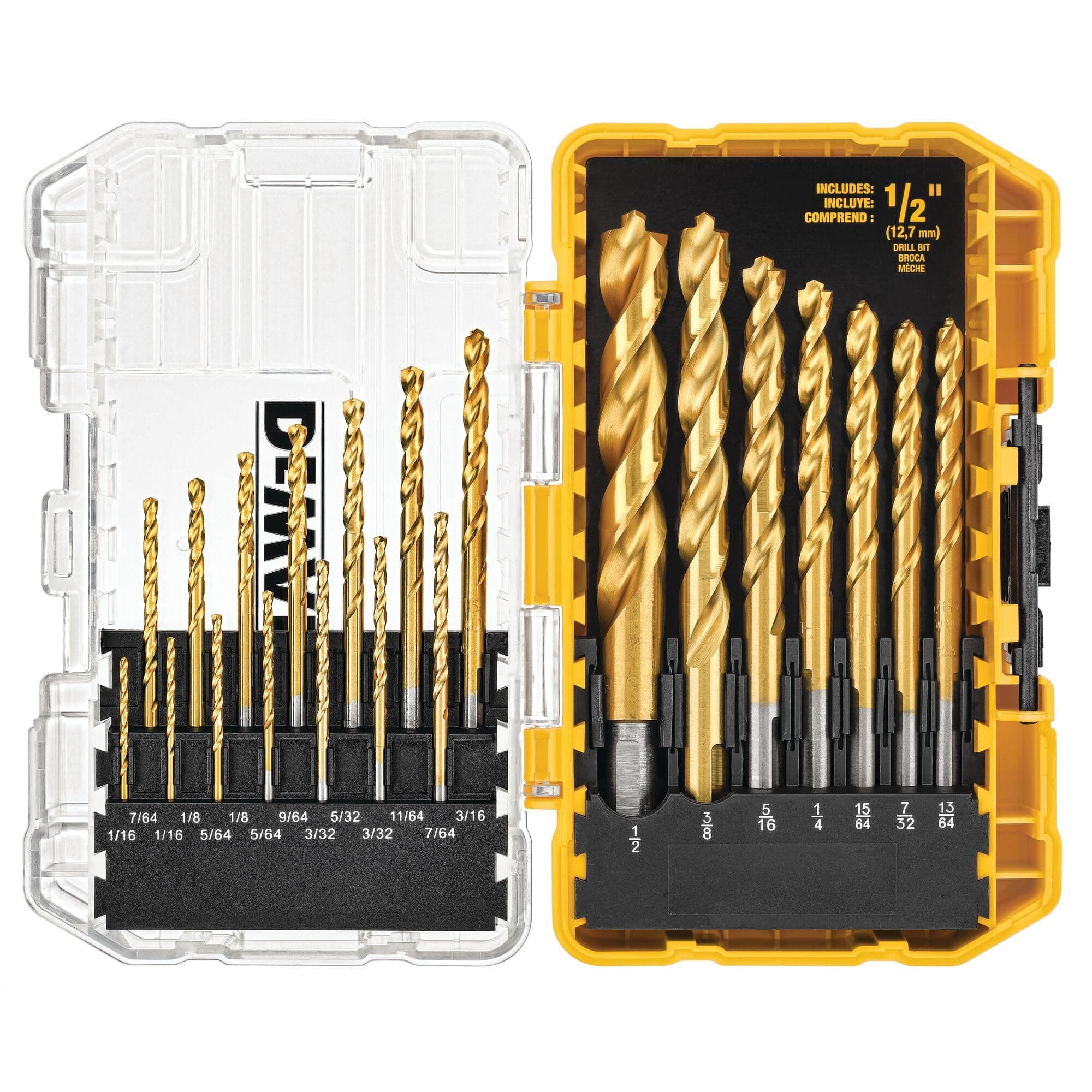 Drill Bit Set, 21 Pc. Titanium Nitride Coated Pilot Point DEWALT Bit Set with Case for Wood, Metal and Plastic (DW1361)