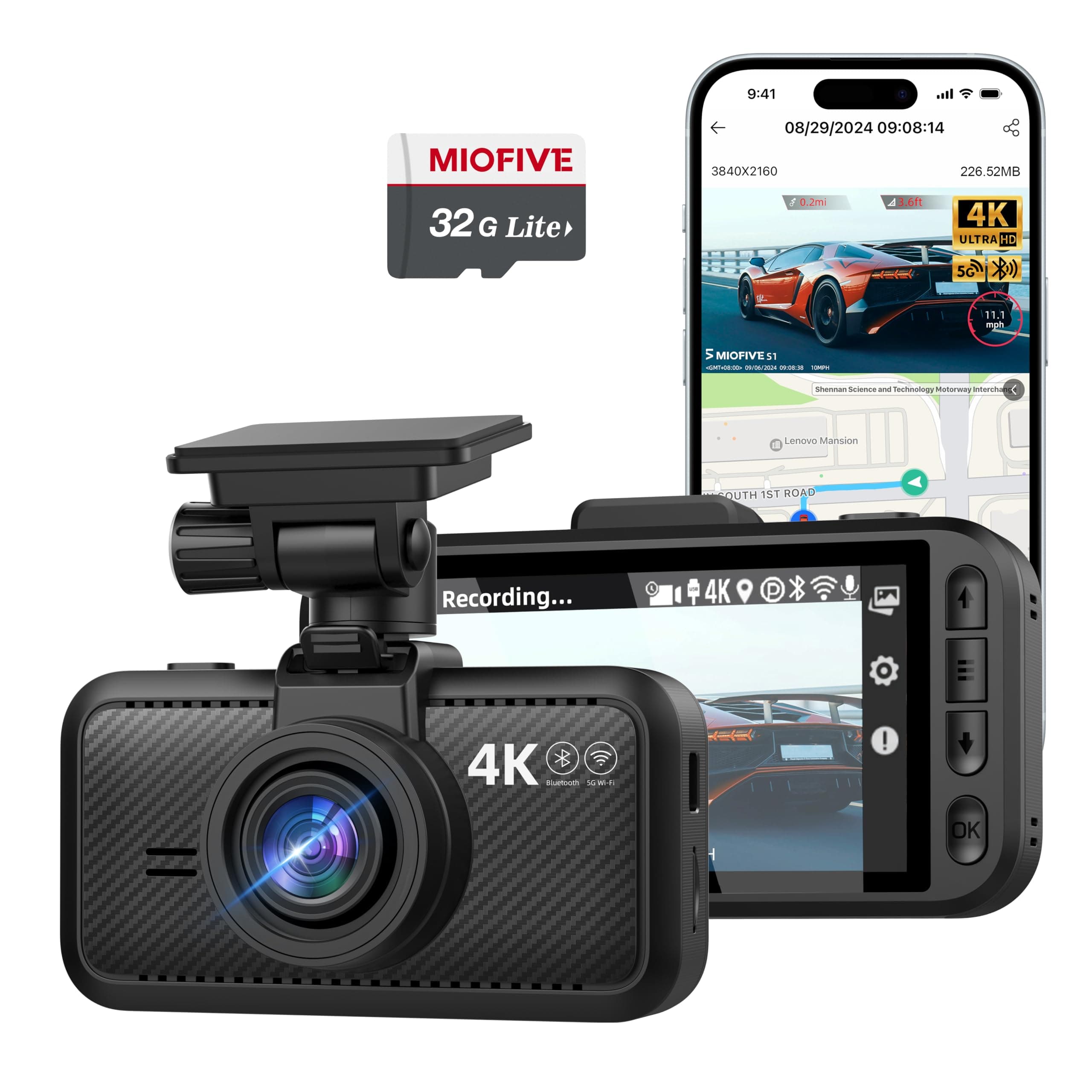 Car Camera 4K Resolution, WiFi, Bluetooth, GPS Dash Cam, 3-Inch IPS Screen, Night Vision, Loop Recording, HDR, App Control, and Supports up to 512GB with a Free 32GB Card Included