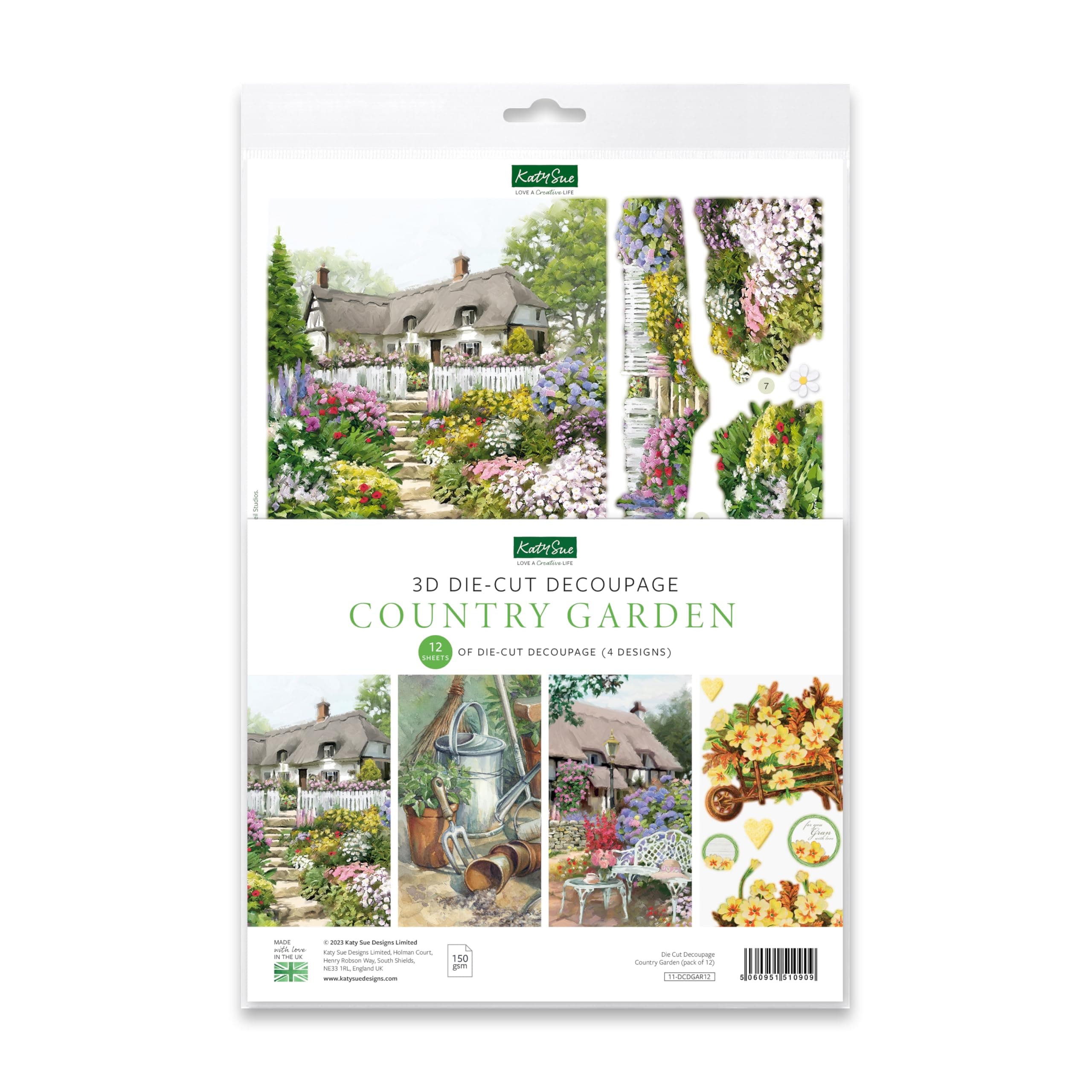 Katy Sue Designs Country Garden 3D Die-Cut Decoupage Sheets for Card Making. A Pack of 12 Sheets of Floral-Themed Die Cuts for Card Making Supplies with Cottages, Gardening, Wheelbarrow, and Flowers.