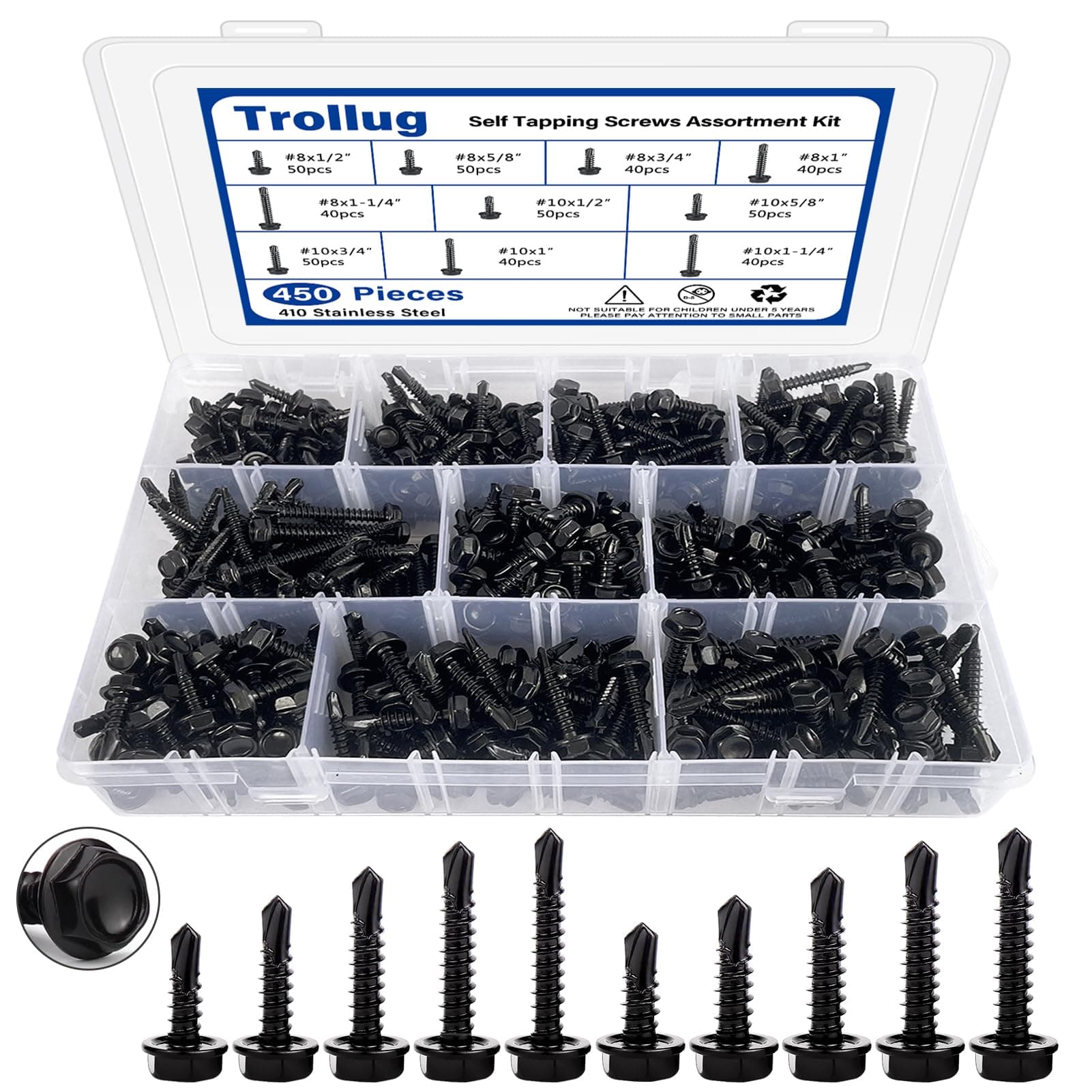 450PCS Self Tapping Screws for Metal, 410 Stainless Steel Self Drilling Screws #8#10 Hex Head Sheet Metal Screws Assortment Kits, Length 1/2"" to 1-1/4'' (Black)