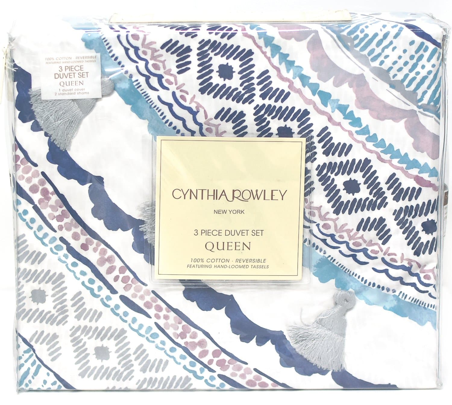 Cynthia Rowley 3pc Full Queen Cotton Duvet Cover Set Paisley Moroccan Medallion Coral Red Blue Taupe (Queen, Mauve Denim)