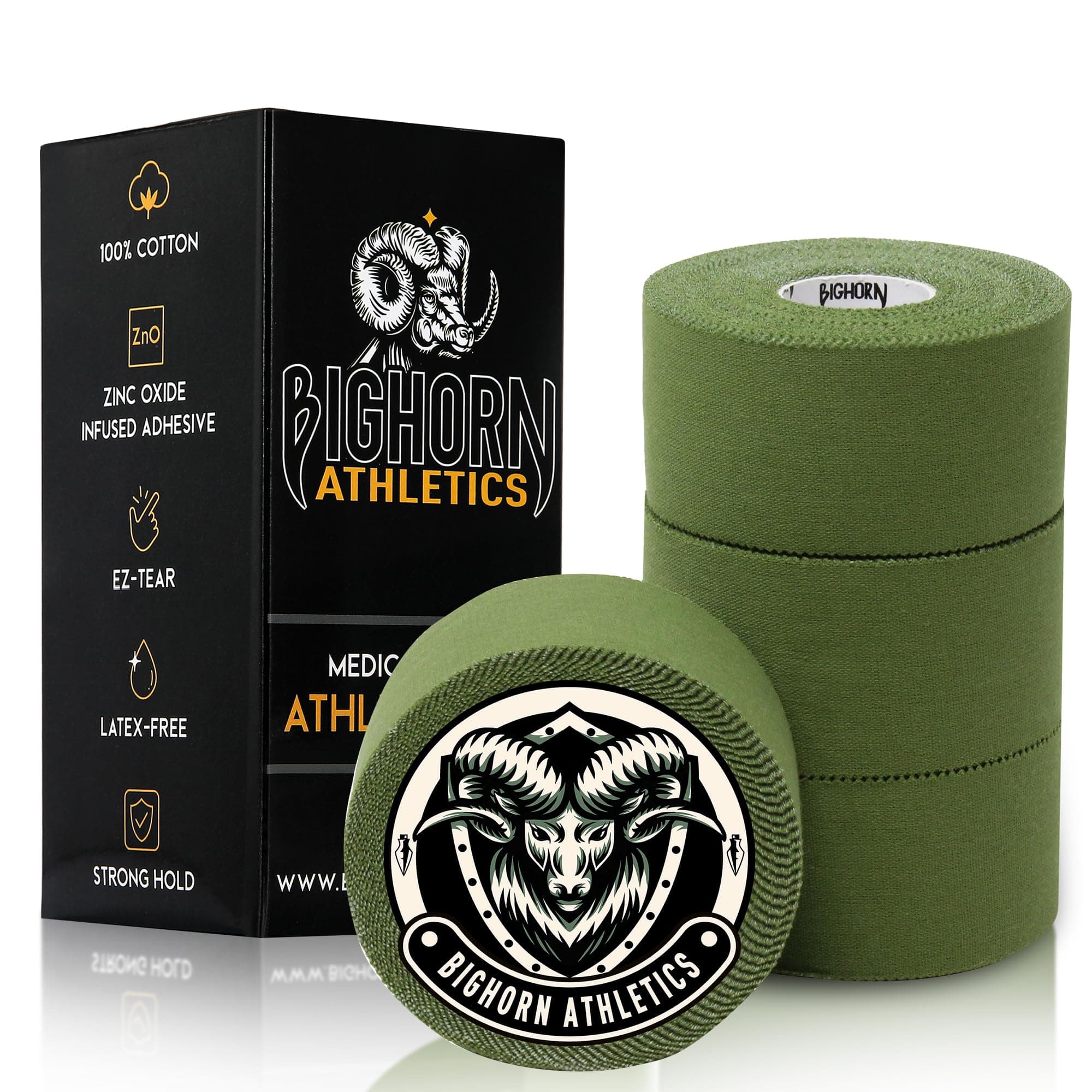 OD Green Sports Tape | EZ-Tear Athletic Tape for Wrist, Ankle & Foot Support | Zinc Oxide Infused Adhesive, Breathable Cotton Fabric, 1.5-Inch x 45-Feet, 4 Rolls, Military Green