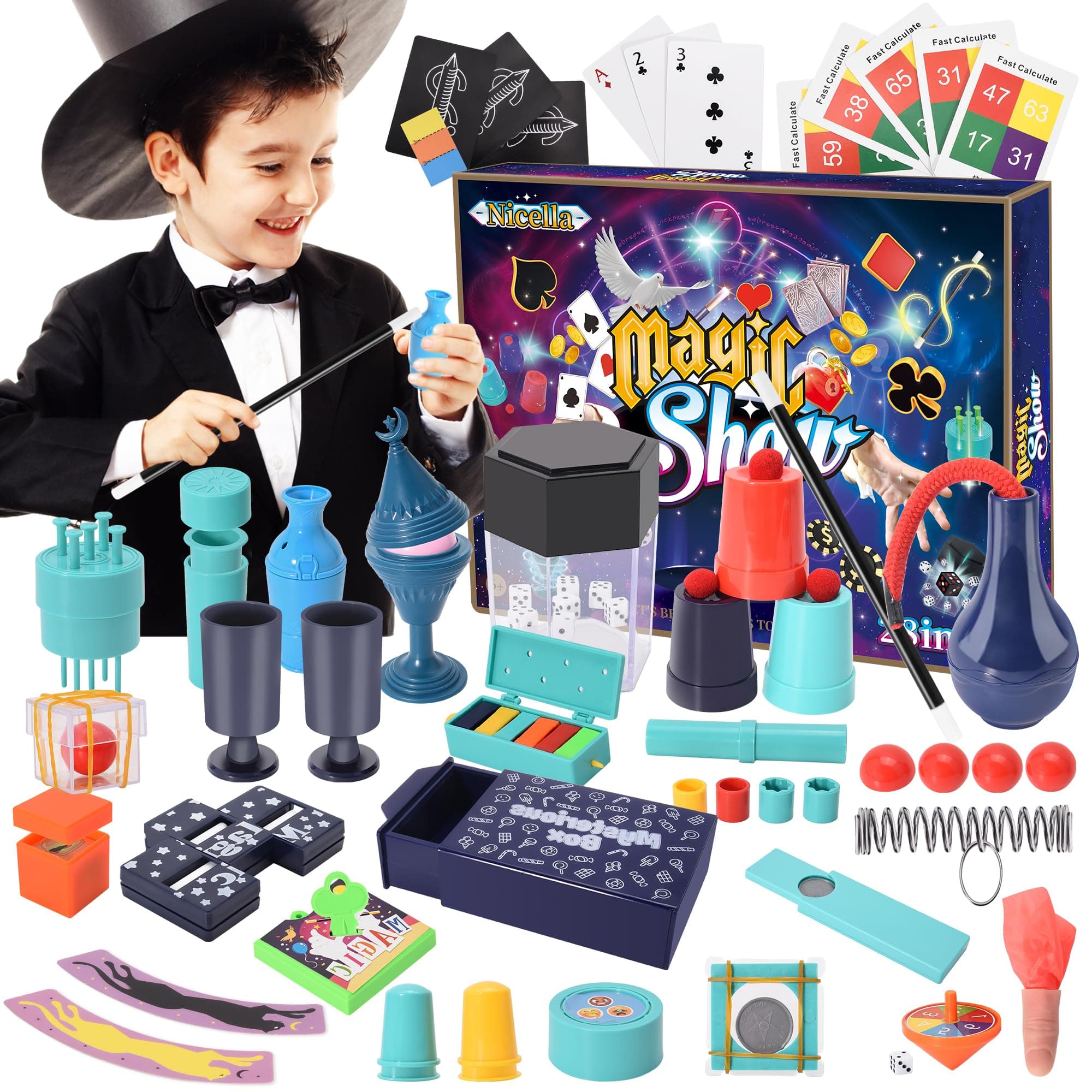 Nicella Magic Kit, Magic Set with Instructions for Each Trick for Kids Ages 6 7 8 9 10 11 12, Magician Costume for Pretend Play, Birthday Halloween for Boys Girls