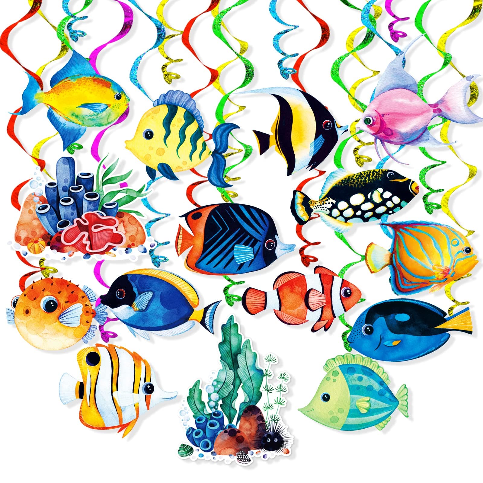 Tropical Fish Hanging Swirls Banner Decor 30 Pack Foil Ceiling Hanging Swirls Streams Banner Decorations Garland for Under the Sea Ocean Celebrating Events Birthday Party Supplies Room Wall Decor