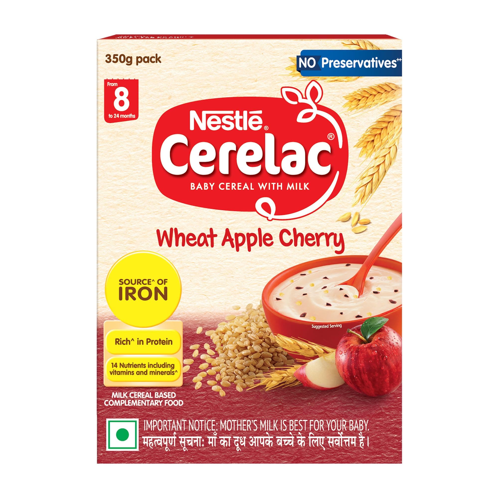 CERELAC Baby Food Cereal | No Preservatives | Wheat Apple Cherry for 8 to 24 Months Baby | Source of Iron & Protein for Babies | Instant Cereal | 350g (Weight may vary upwards)