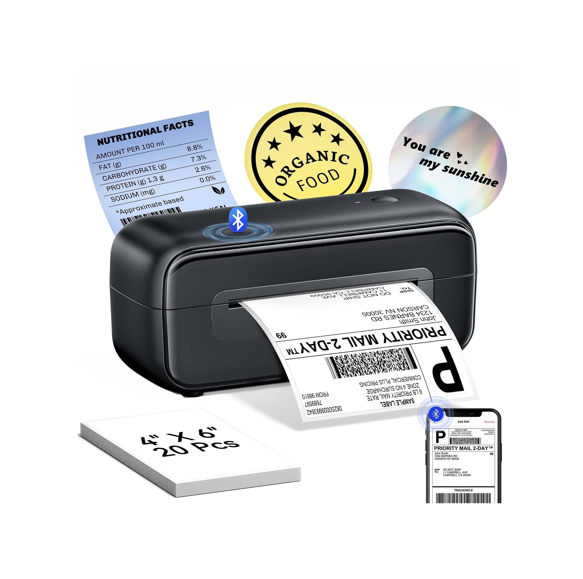 Shipping Label Printer- 4x6 Bluetooth Thermal Address Label Printer for Small Business,Barcode Compatible with iPhone,Android,Windows,Mac,Chromebook,for Shopify USPS-Black